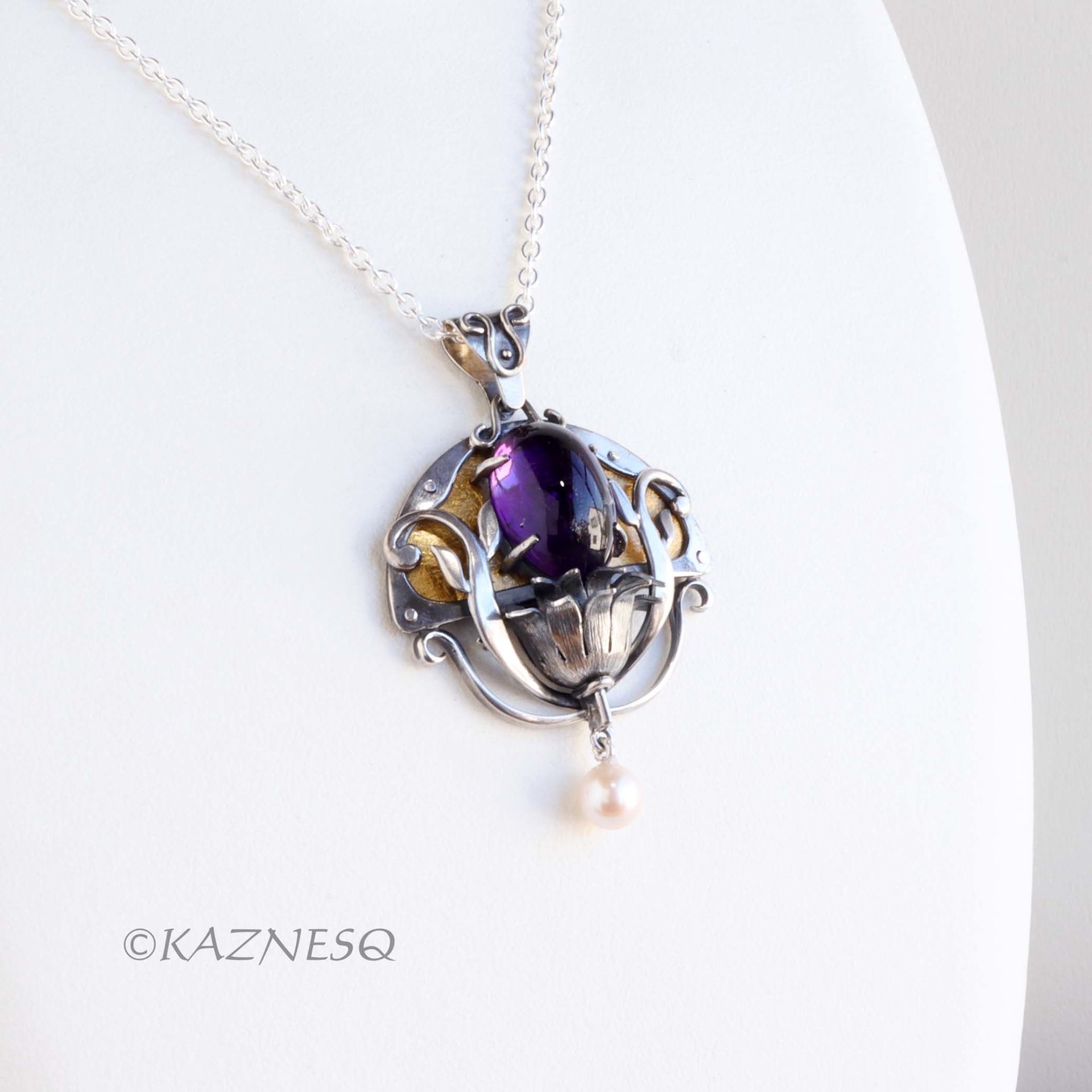 Art Nouveau style Amethyst cab and akoya pearl floral Keum Boo oxidized silver pendant necklace