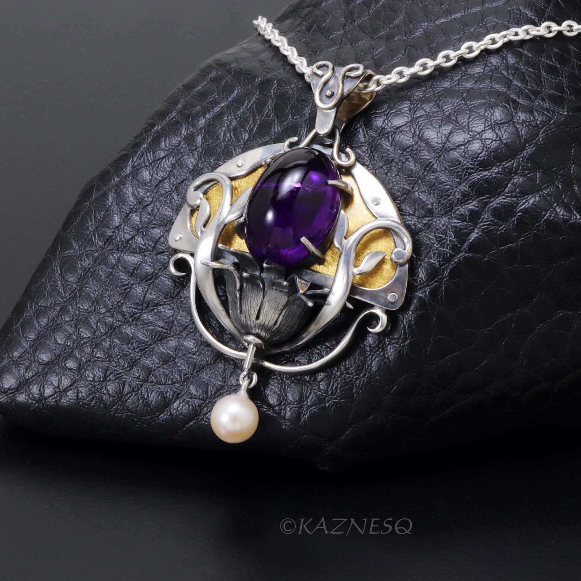 Art Nouveau style Amethyst cab and akoya pearl floral Keum Boo oxidized silver pendant necklace