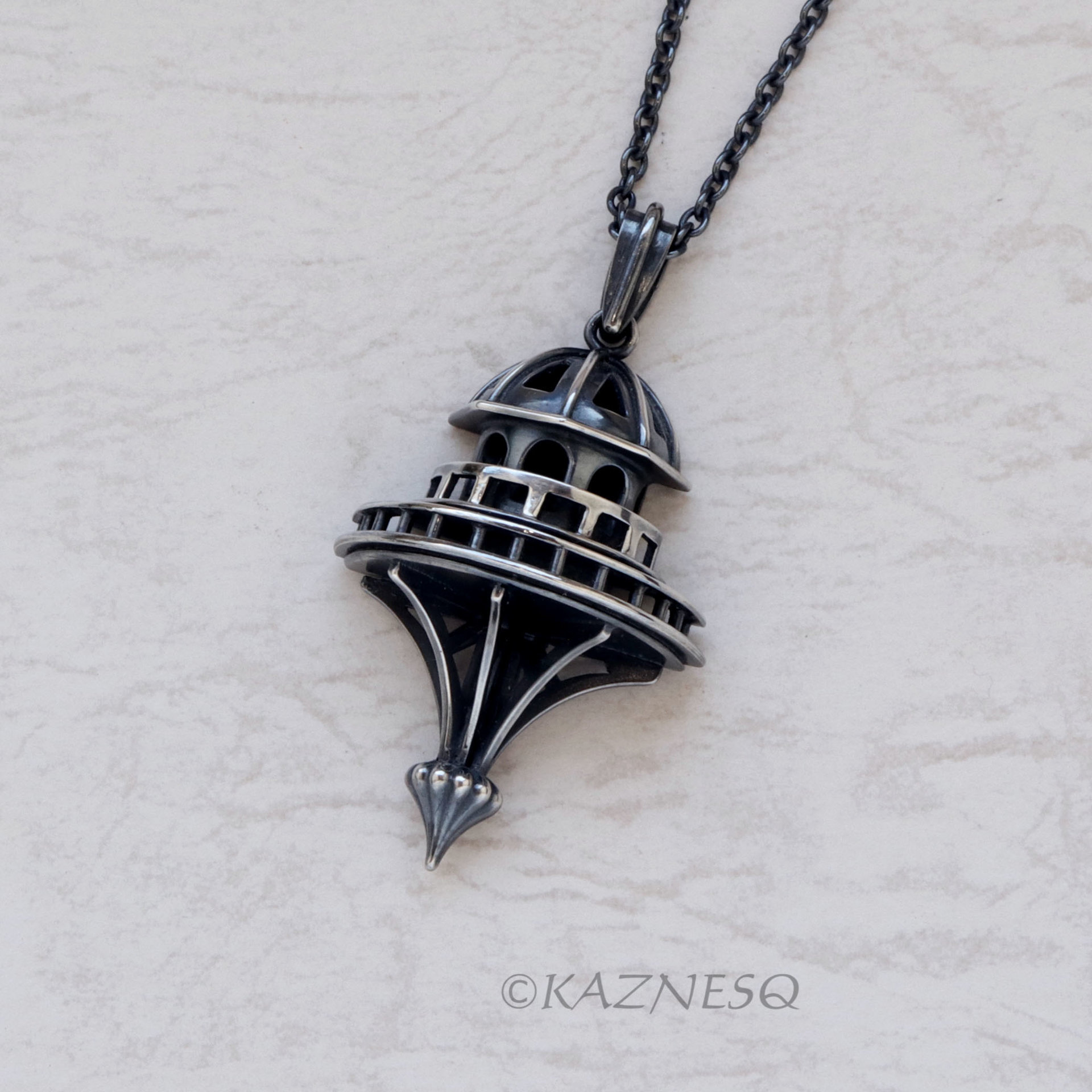 Domed Architecture motif Oxidized Silver Pendant Necklace