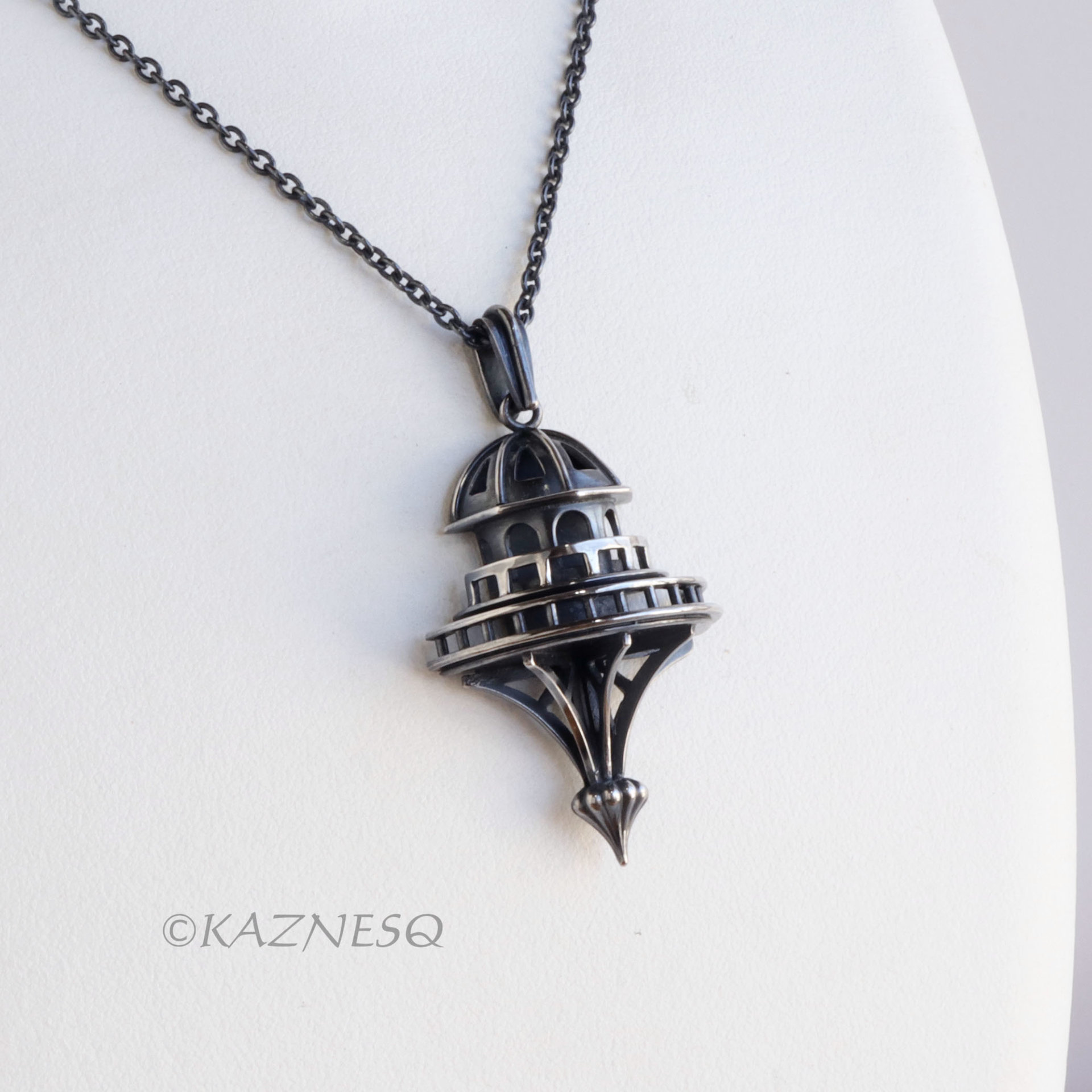 Domed Architecture motif Oxidized Silver Pendant Necklace