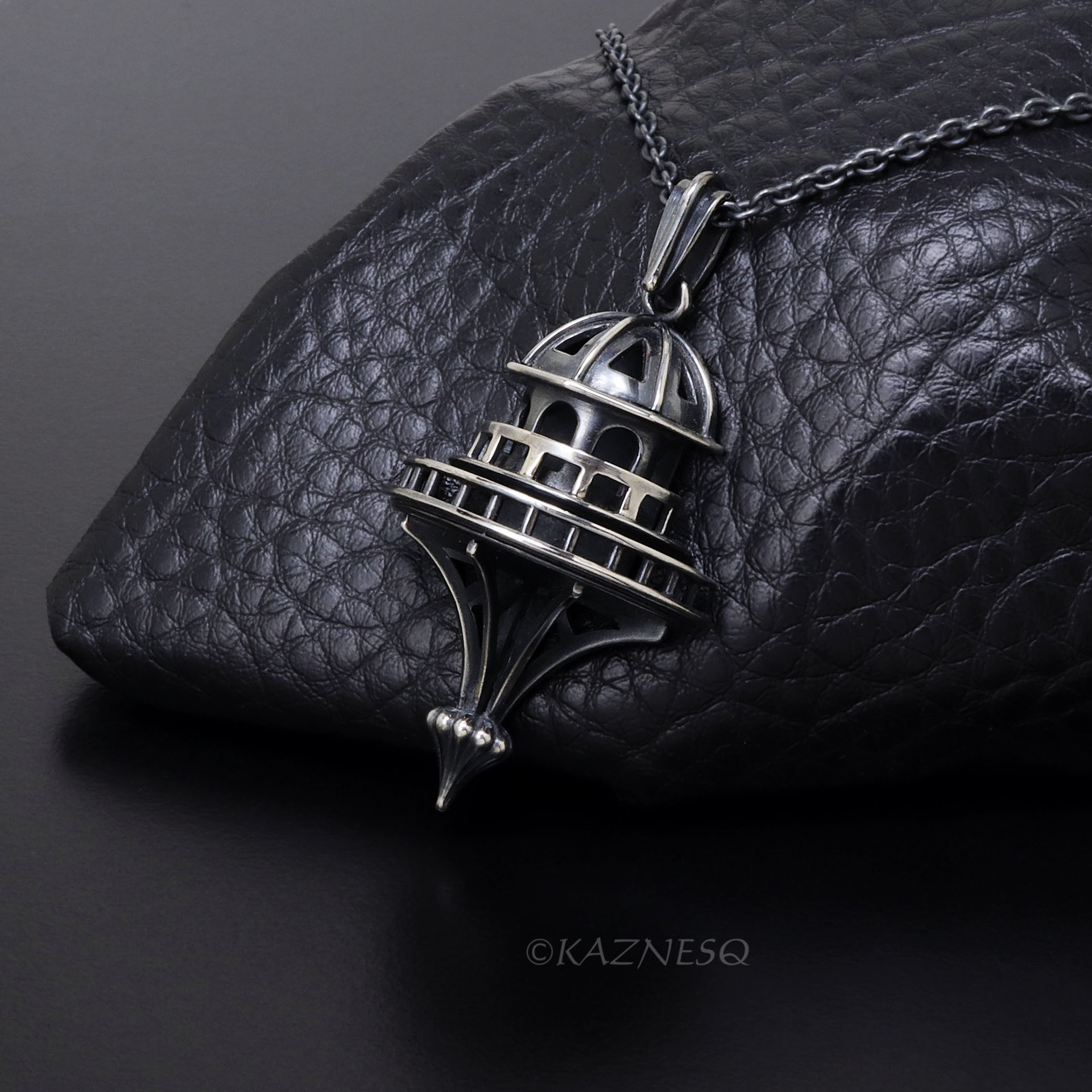 Domed Architecture motif Oxidized Silver Pendant Necklace