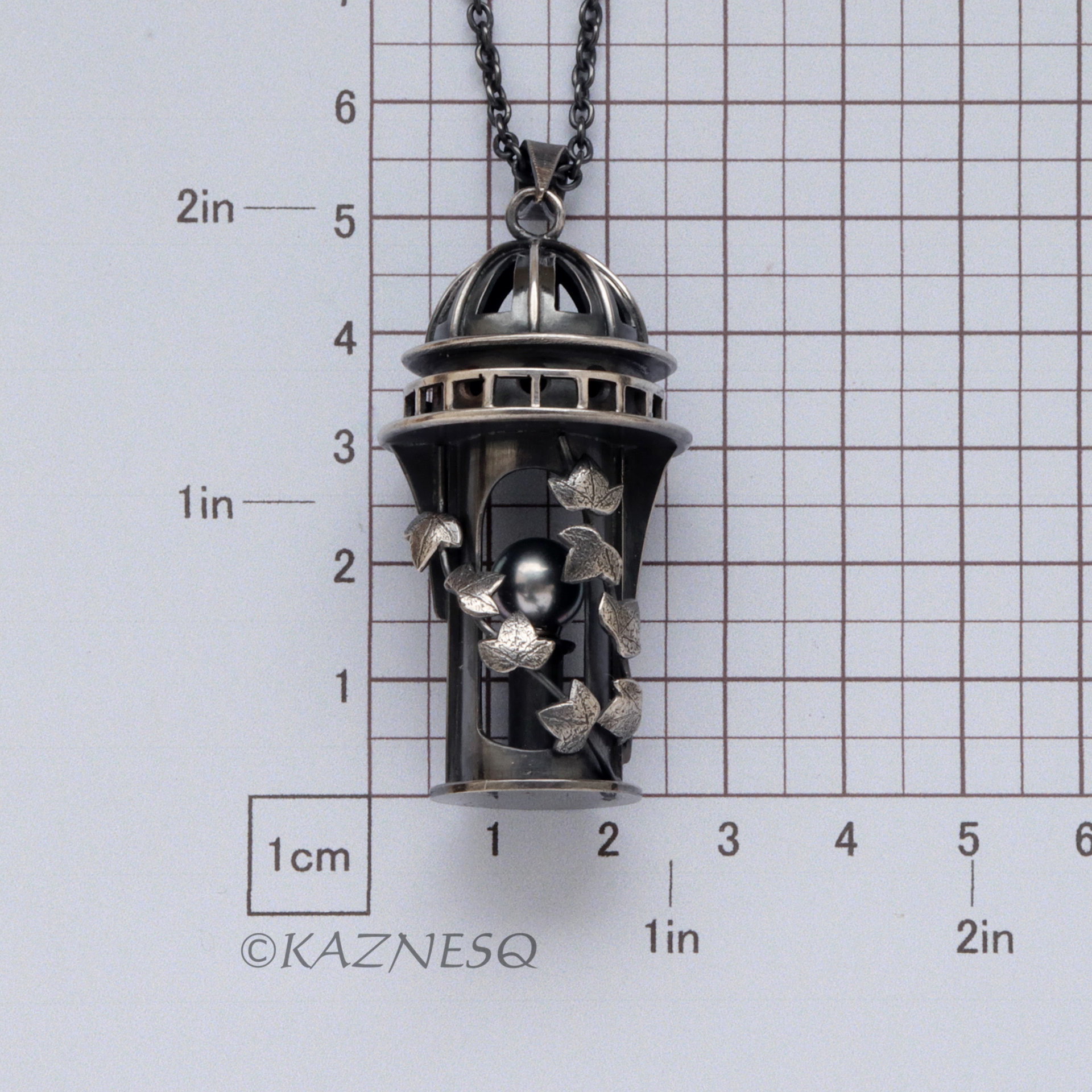 Domed Architecture and ivy motif South sea Pearl Oxidized Silver Pendant Necklace