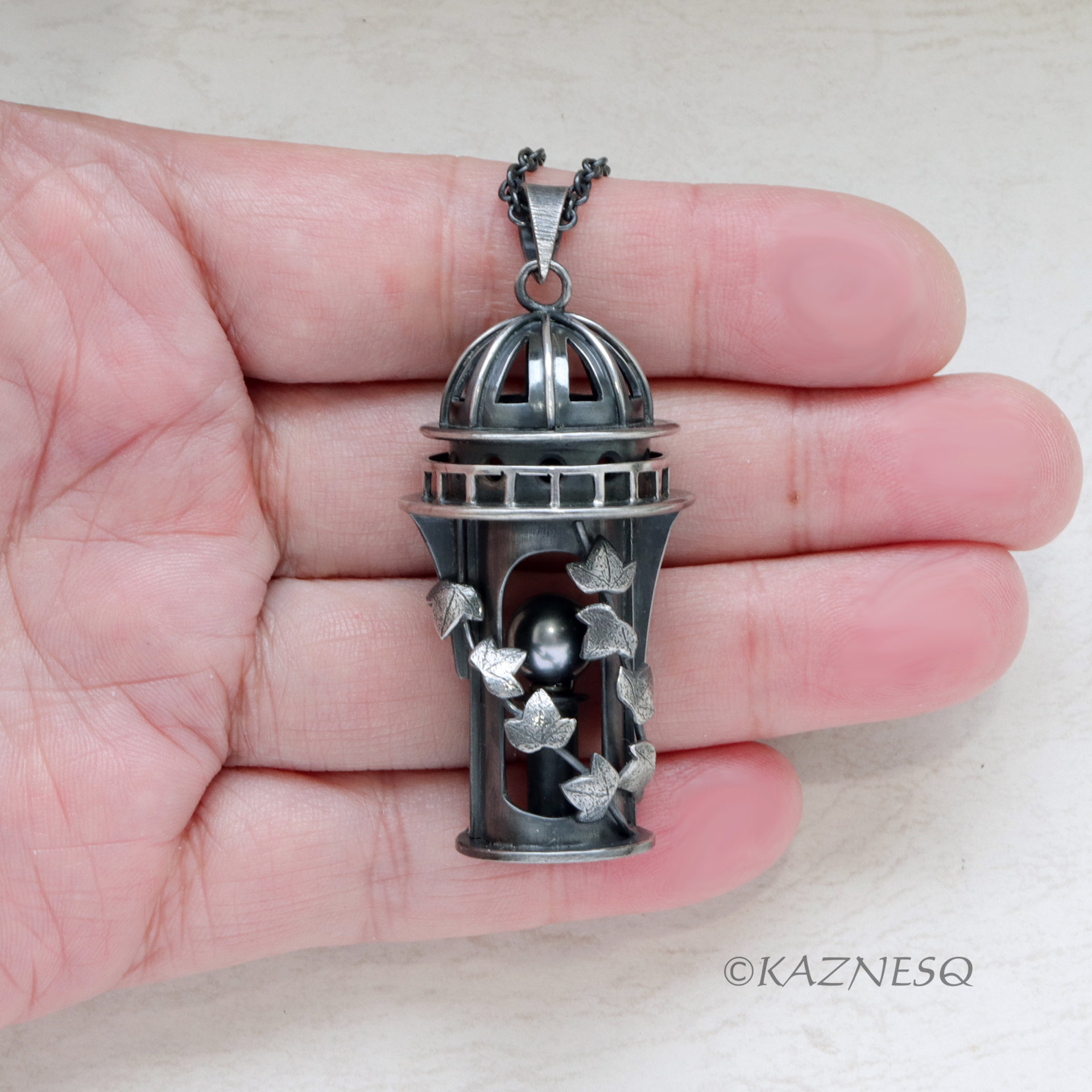 Domed Architecture and ivy motif South sea Pearl Oxidized Silver Pendant Necklace