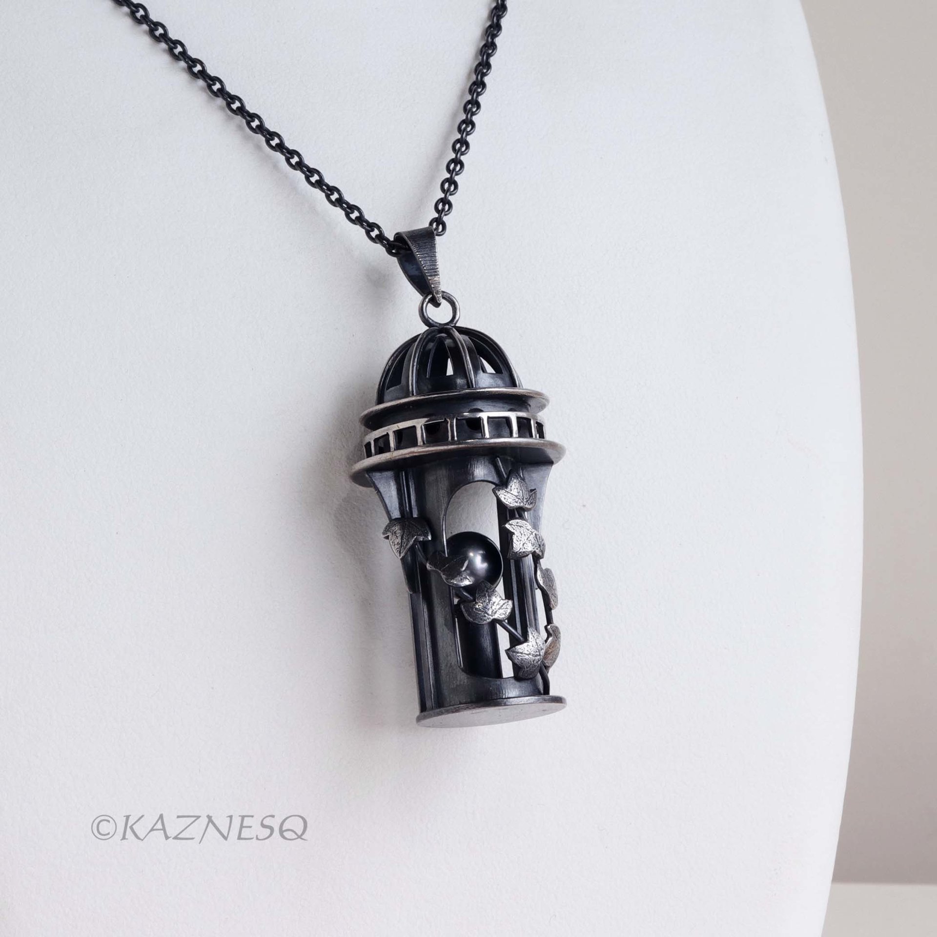 Domed Architecture and ivy motif South sea Pearl Oxidized Silver Pendant Necklace