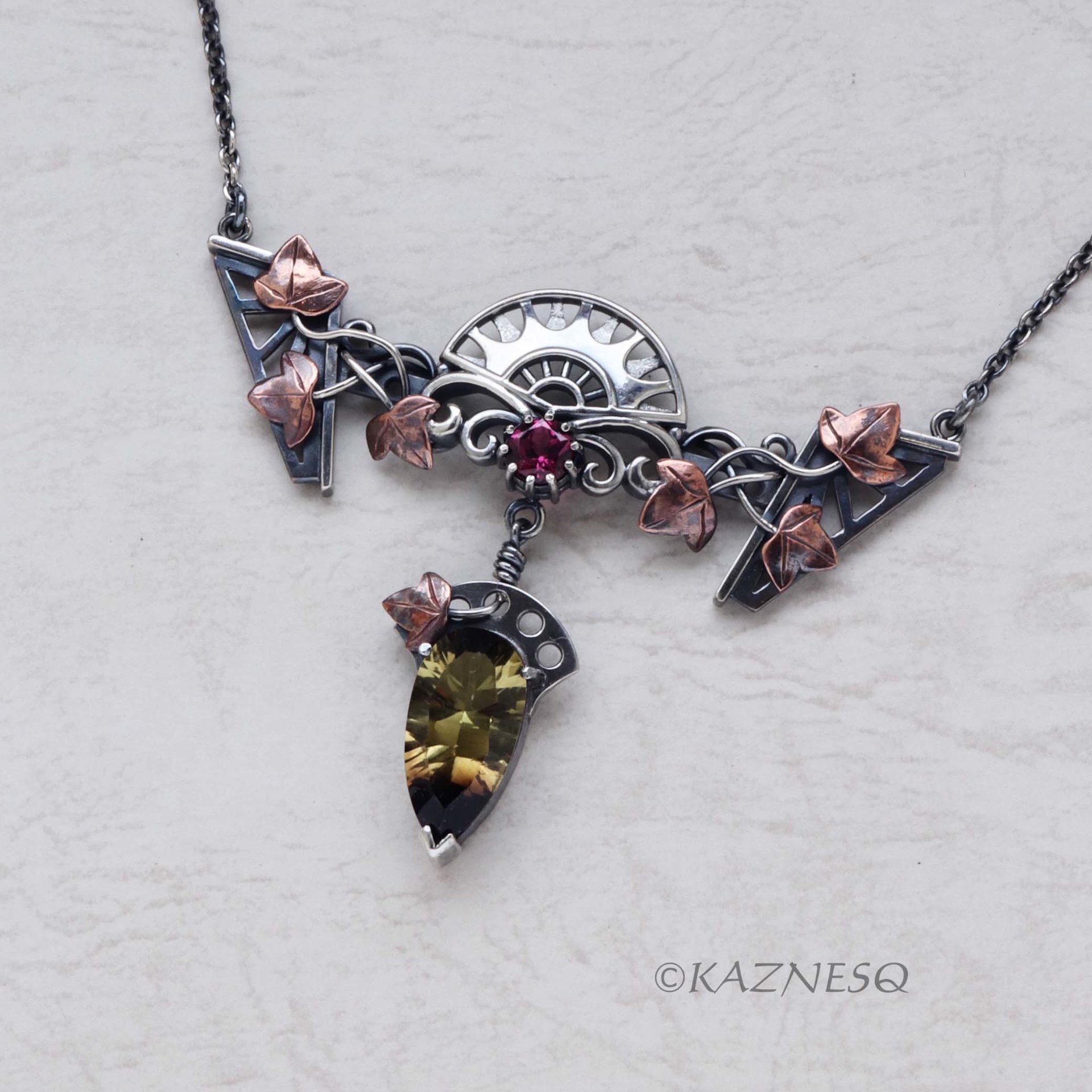 Motif? Who Cares! It's Beautiful! Silver and Copper Ivy-Covered Pendant with Smoky Citrine and Rhodolite Garnet"