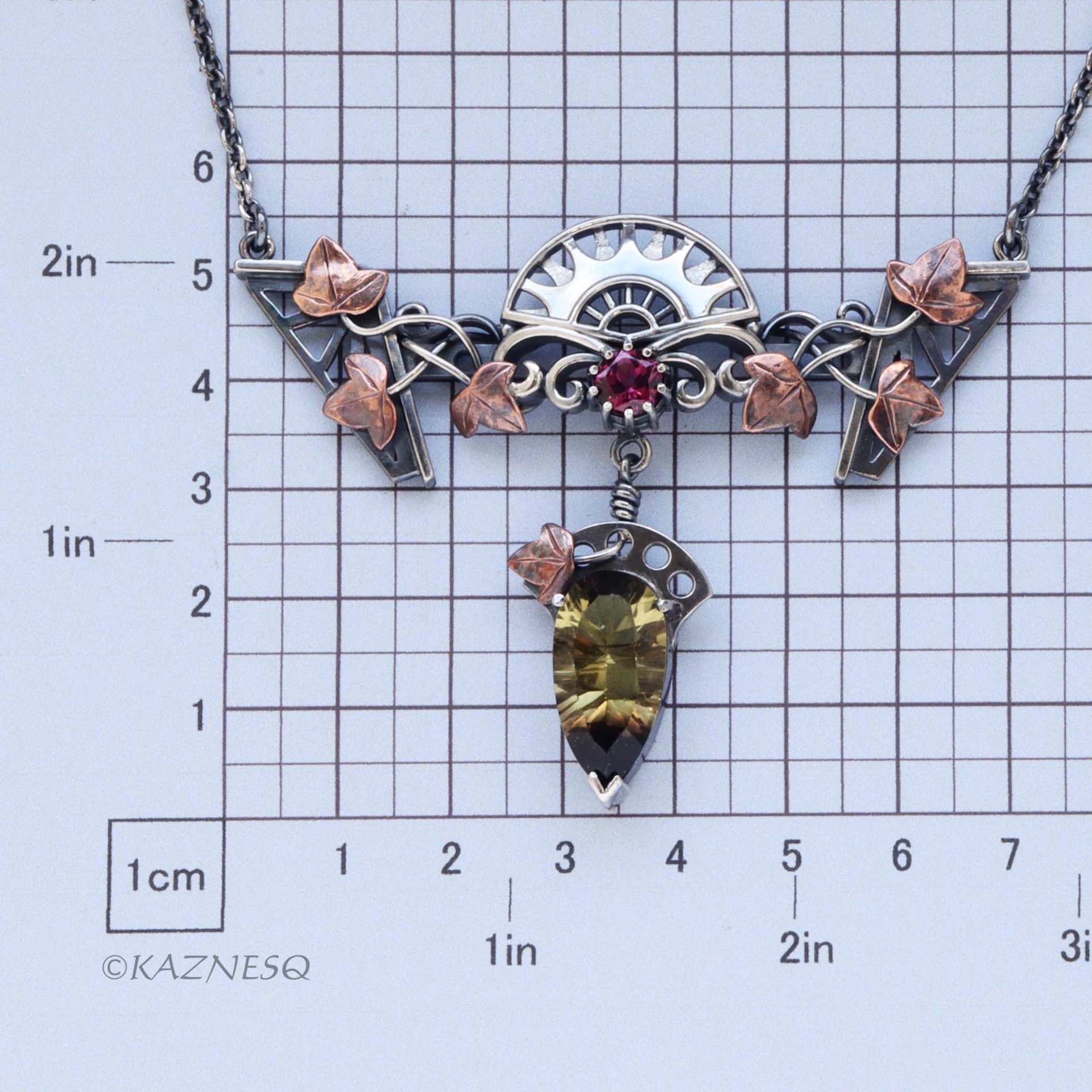 Motif? Who Cares! It's Beautiful! Silver and Copper Ivy-Covered Pendant with Smoky Citrine and Rhodolite Garnet"