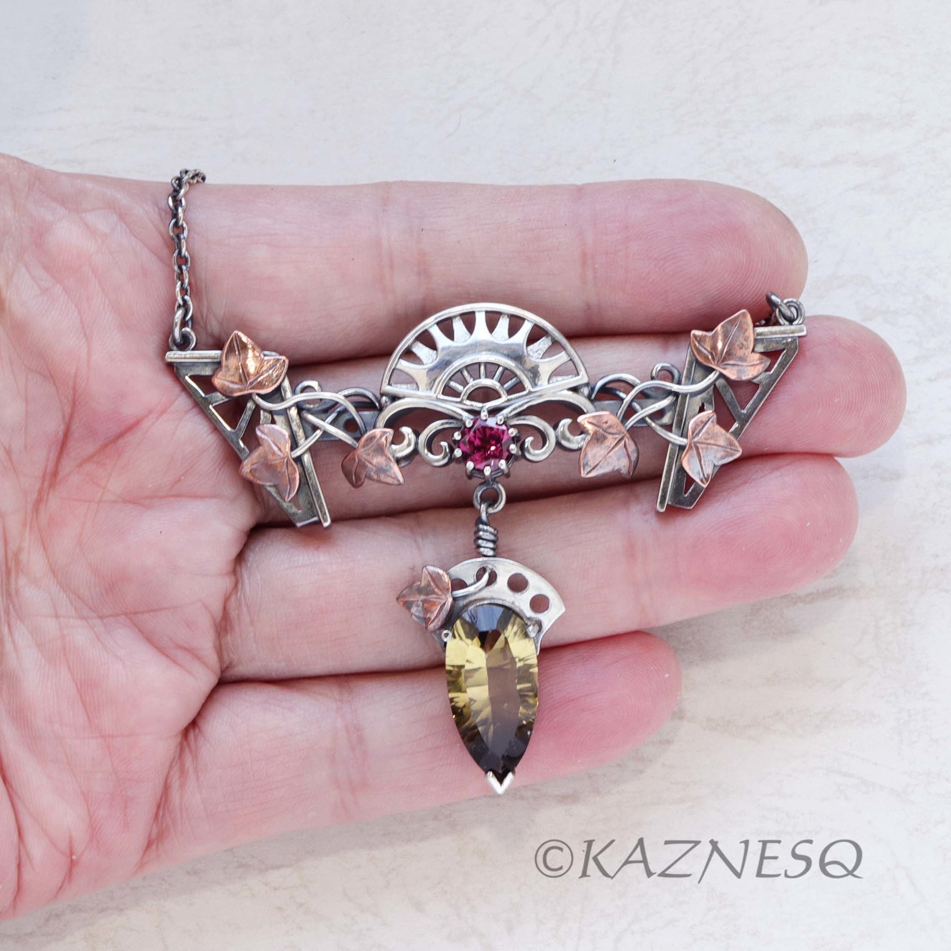 Motif? Who Cares! It's Beautiful! Silver and Copper Ivy-Covered Pendant with Smoky Citrine and Rhodolite Garnet"