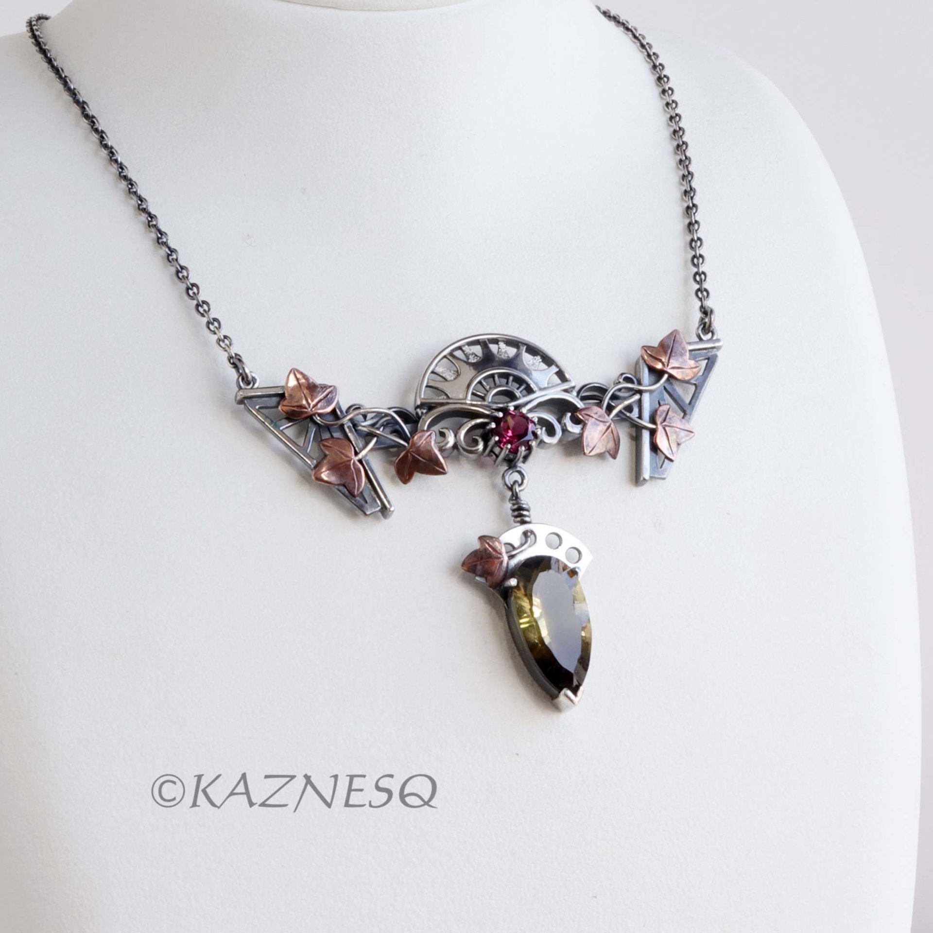 Motif? Who Cares! It's Beautiful! Silver and Copper Ivy-Covered Pendant with Smoky Citrine and Rhodolite Garnet"