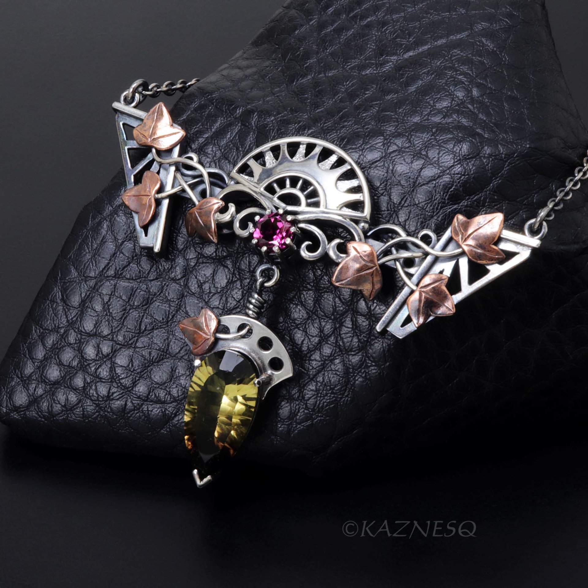 Motif? Who Cares! It's Beautiful! Silver and Copper Ivy-Covered Pendant with Smoky Citrine and Rhodolite Garnet"