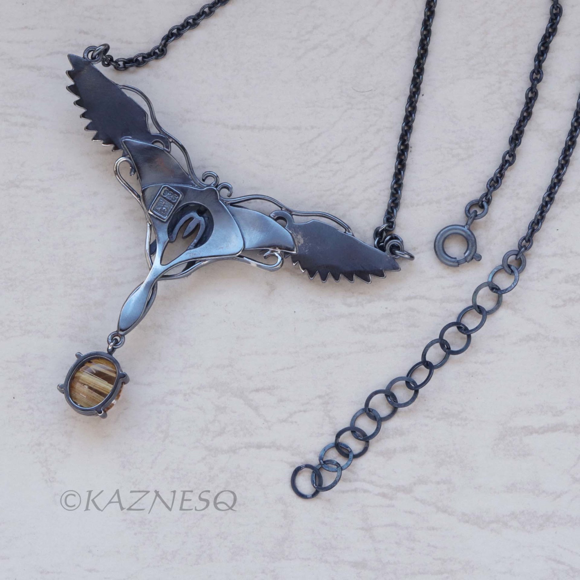A Butterfly changes a bird Oxidized Silver, Rutilated Quartz, Pendant Necklace