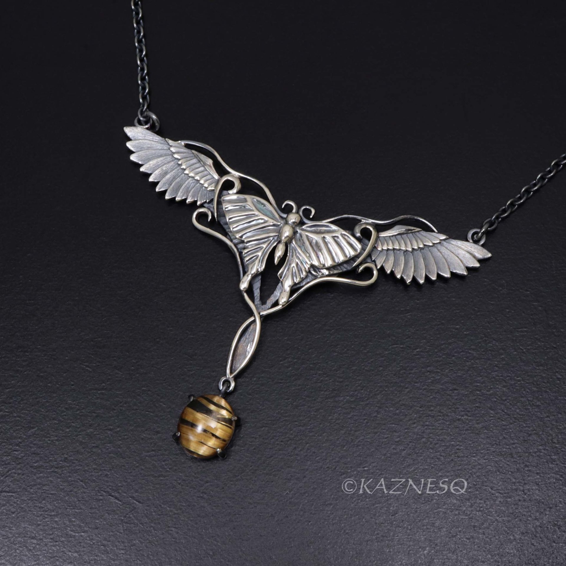 A Butterfly changes a bird Oxidized Silver, Rutilated Quartz, Pendant Necklace