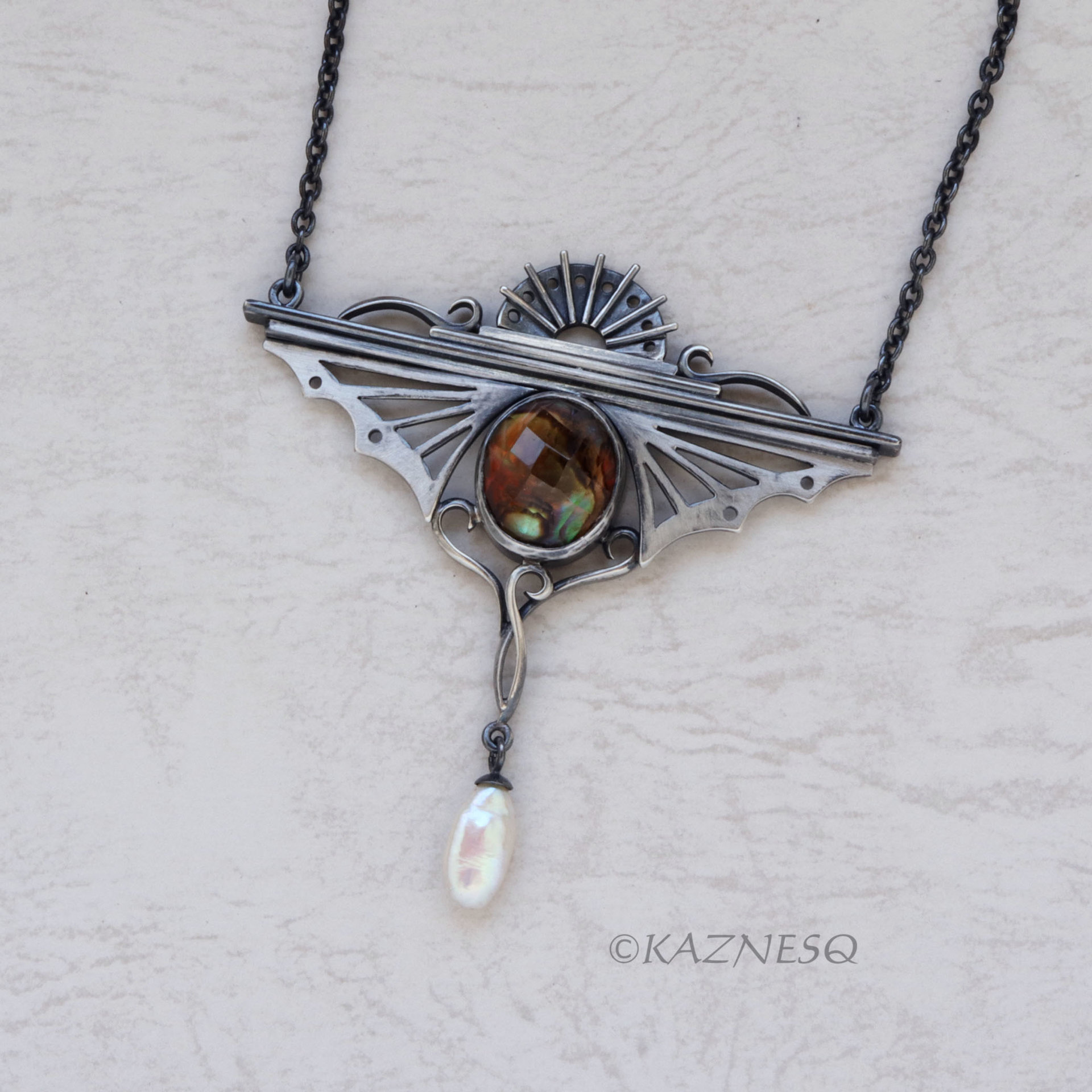 Bold Art Deco! Wing-Inspired Silver Necklace with Citrine lined with Paua Shell