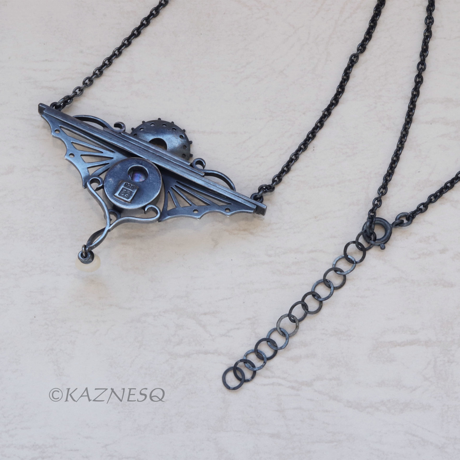 Bold Art Deco! Wing-Inspired Silver Necklace with Citrine lined with Paua Shell