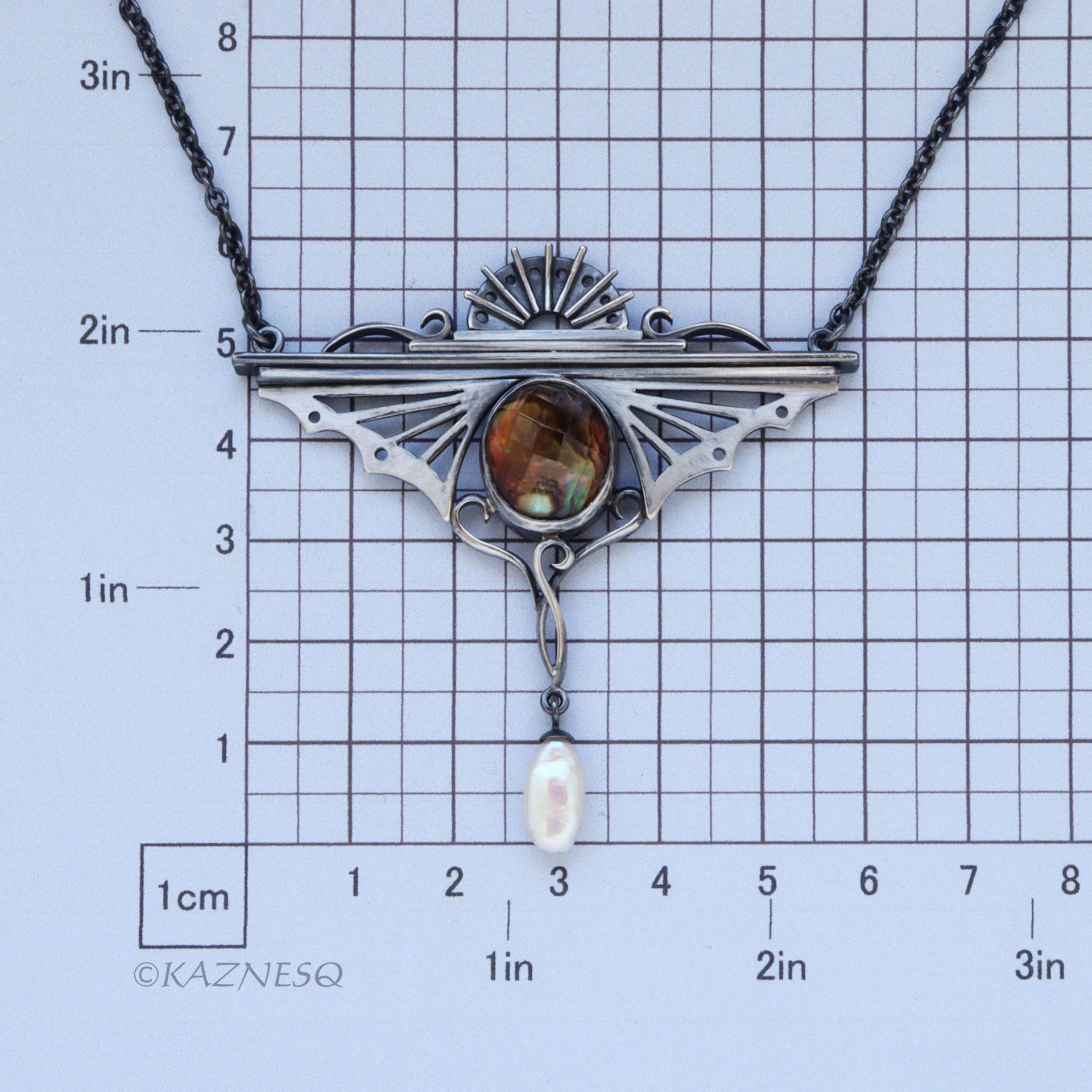 Bold Art Deco! Wing-Inspired Silver Necklace with Citrine lined with Paua Shell