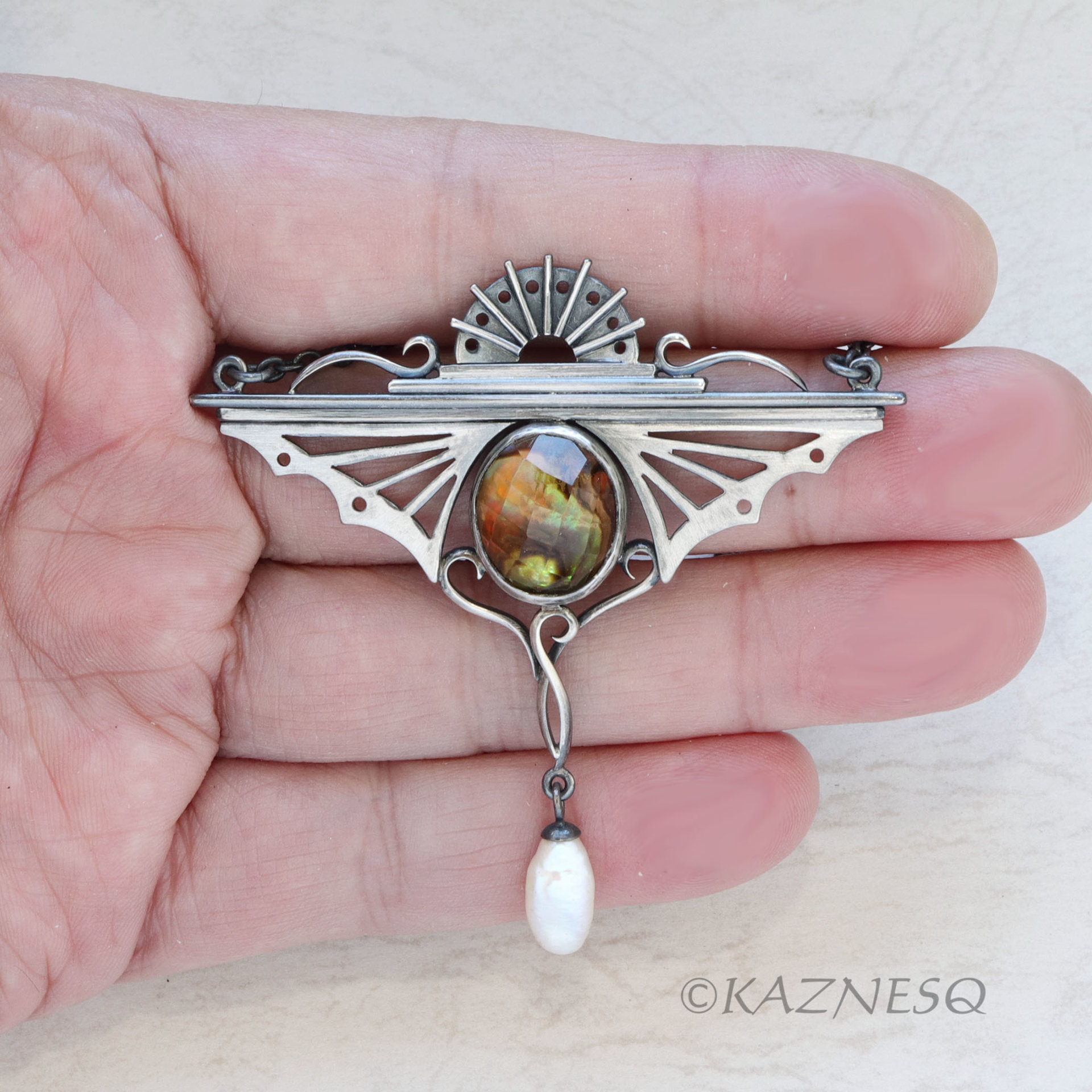 Bold Art Deco! Wing-Inspired Silver Necklace with Citrine lined with Paua Shell