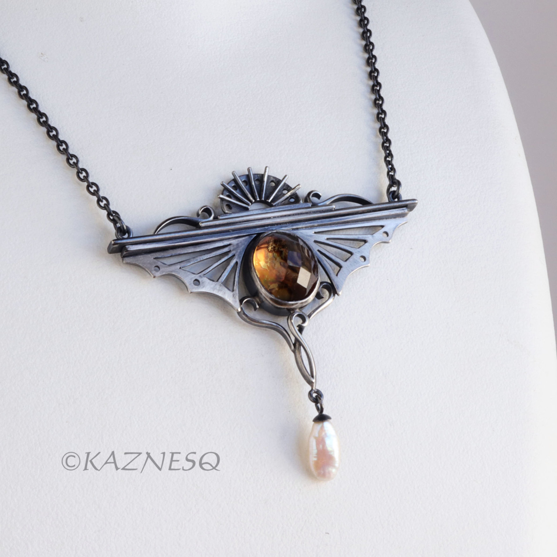Bold Art Deco! Wing-Inspired Silver Necklace with Citrine lined with Paua Shell