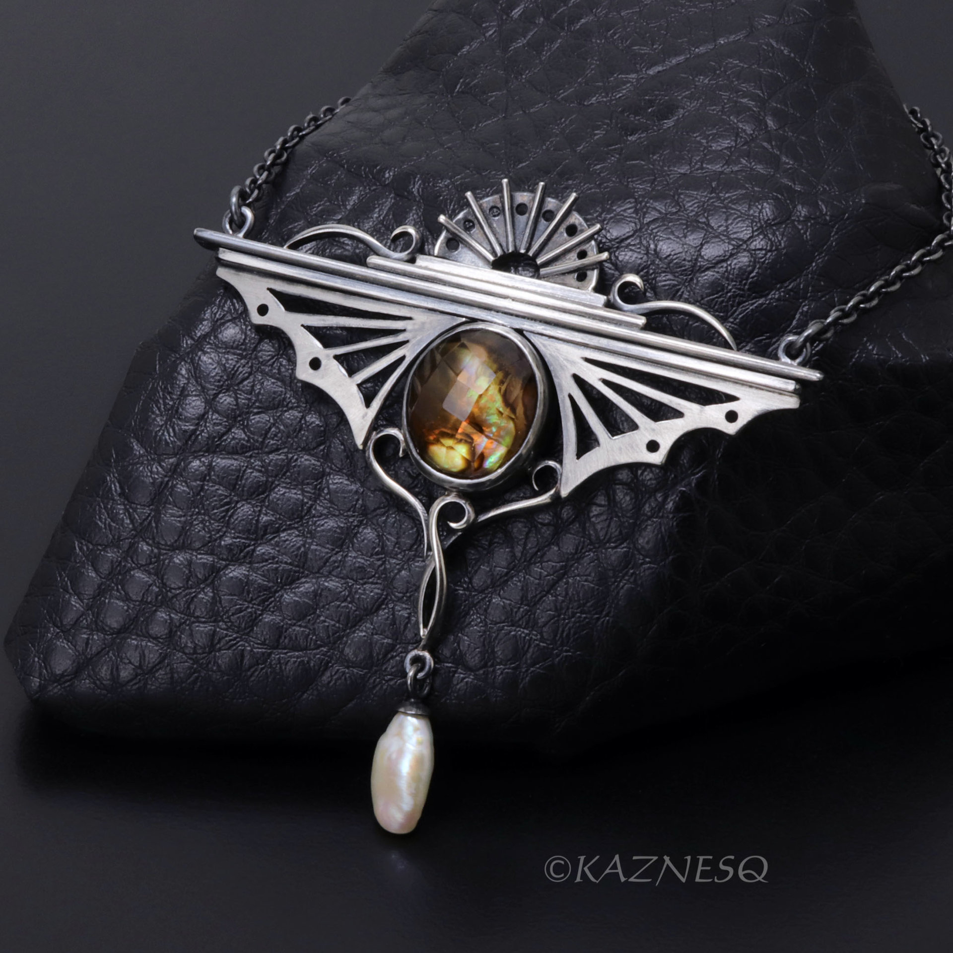 Bold Art Deco! Wing-Inspired Silver Necklace with Citrine lined with Paua Shell