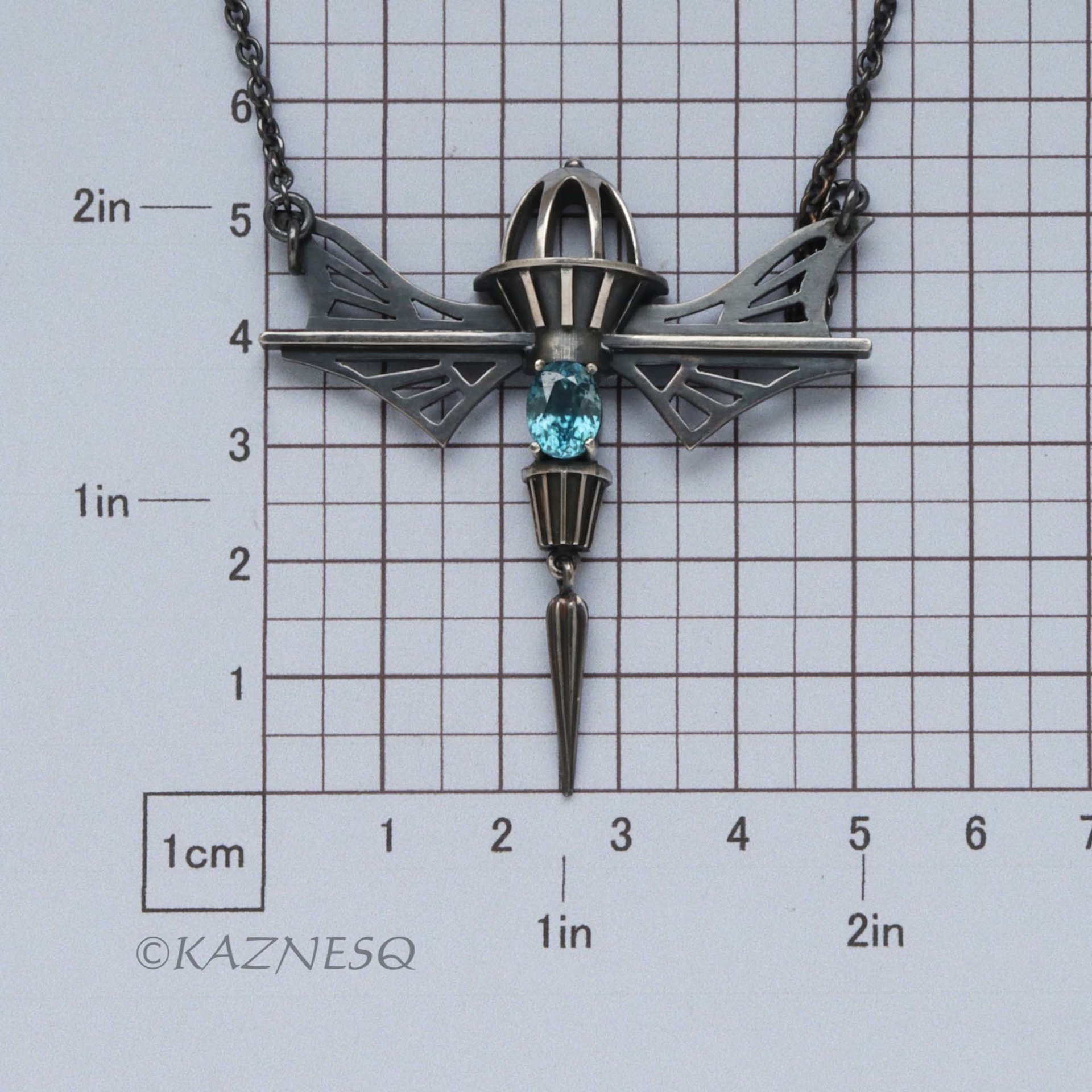 19th Century Romance! Mechanical Design Silver Necklace Inspired by Wings and Domes, with Blue Zircon