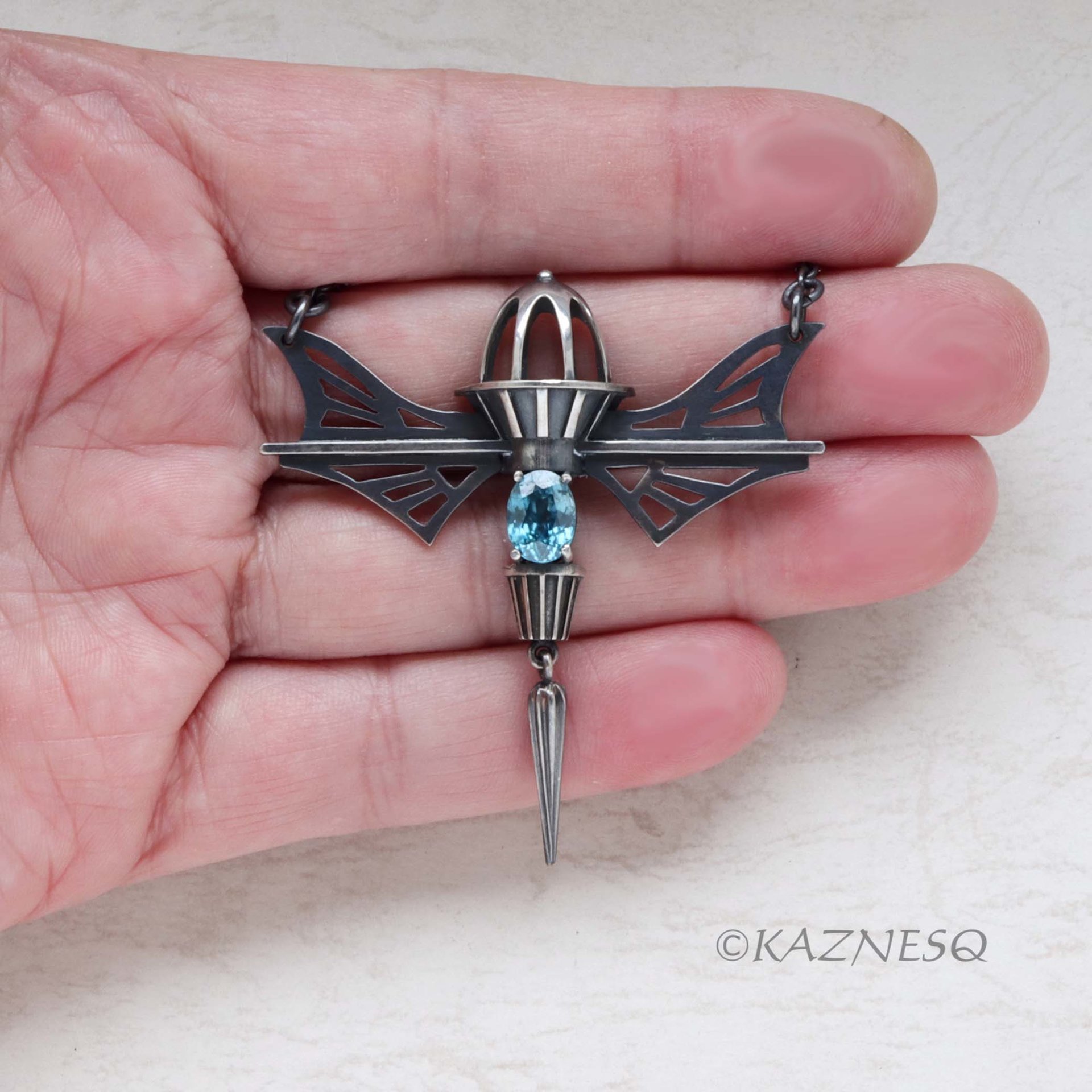 19th Century Romance! Mechanical Design Silver Necklace Inspired by Wings and Domes, with Blue Zircon