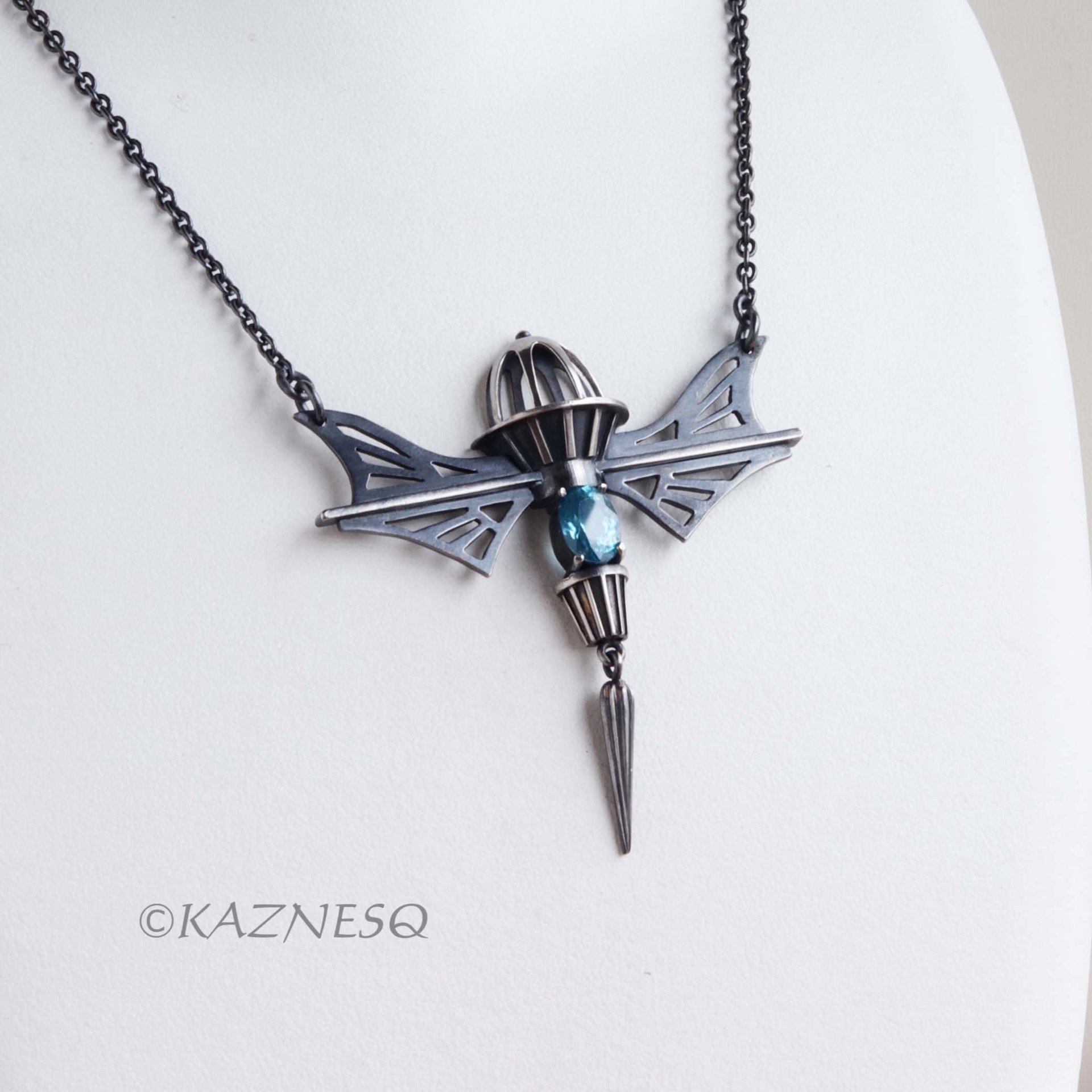 19th Century Romance! Mechanical Design Silver Necklace Inspired by Wings and Domes, with Blue Zircon