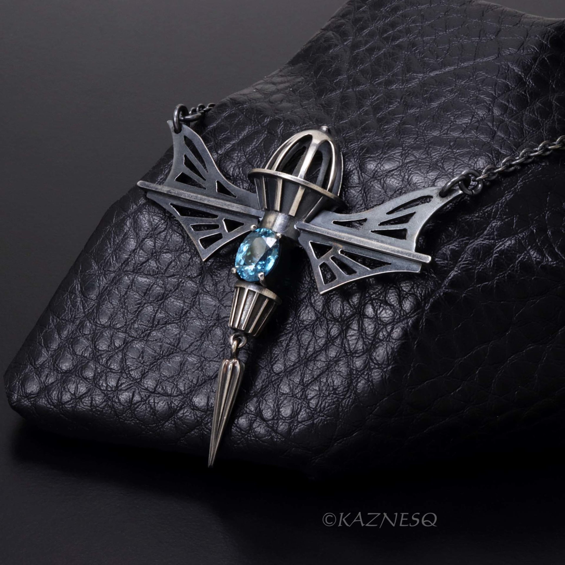 19th Century Romance! Mechanical Design Silver Necklace Inspired by Wings and Domes, with Blue Zircon