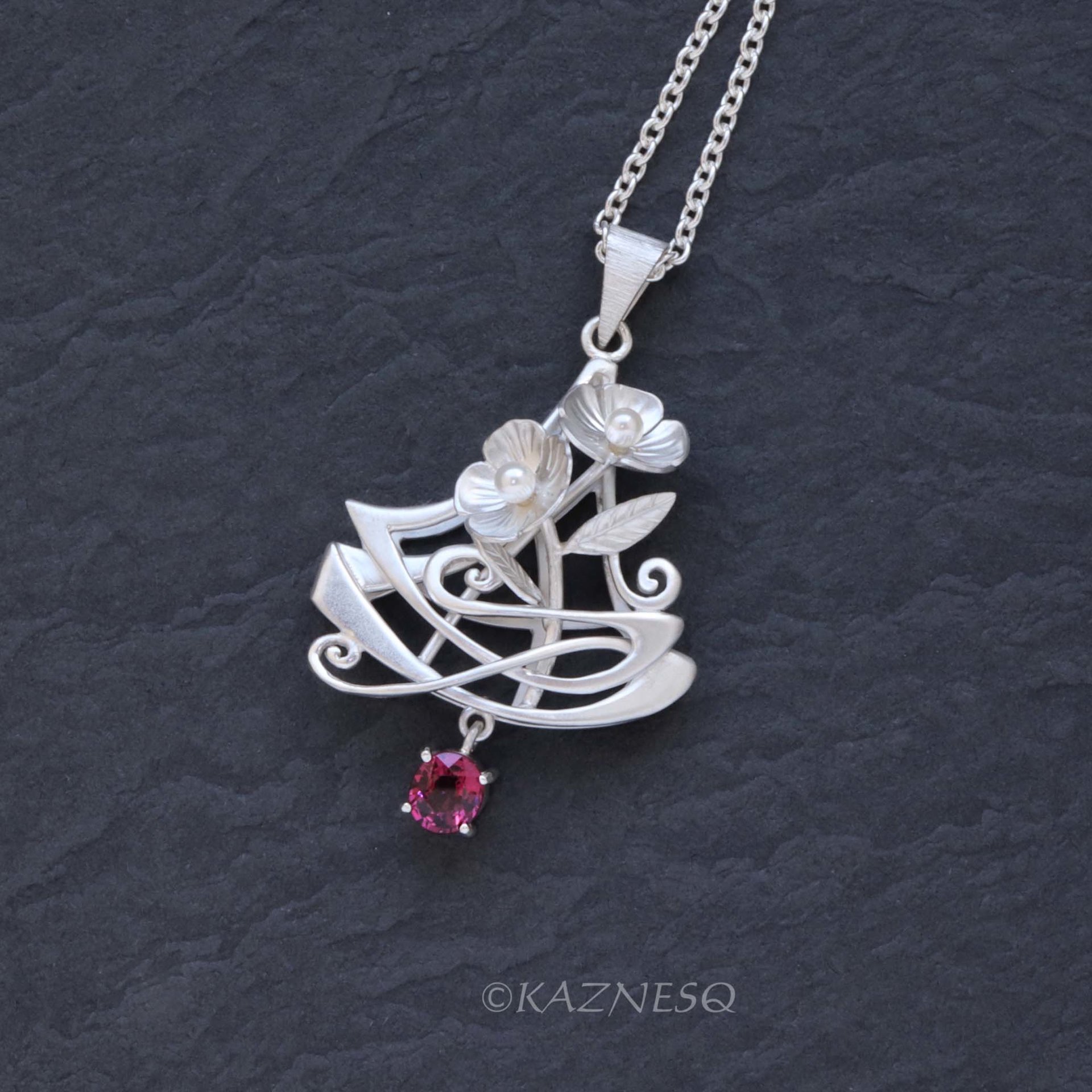Elegant Statement! Art Nouveau-Style Matte Silver Flower Pendant with Rhodolite Garnet