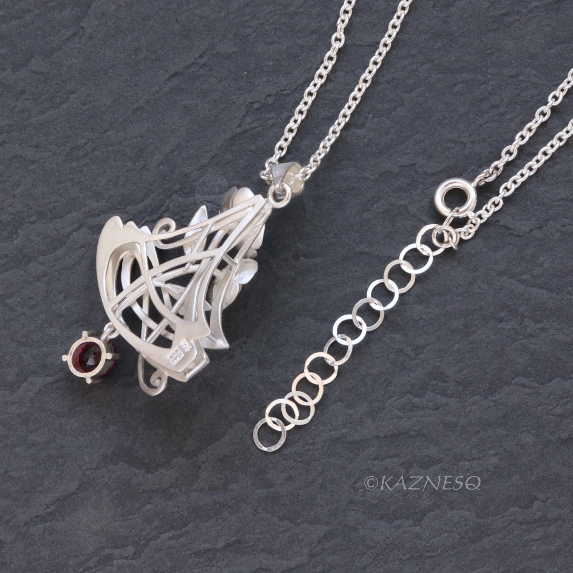 Elegant Statement! Art Nouveau-Style Matte Silver Flower Pendant with Rhodolite Garnet