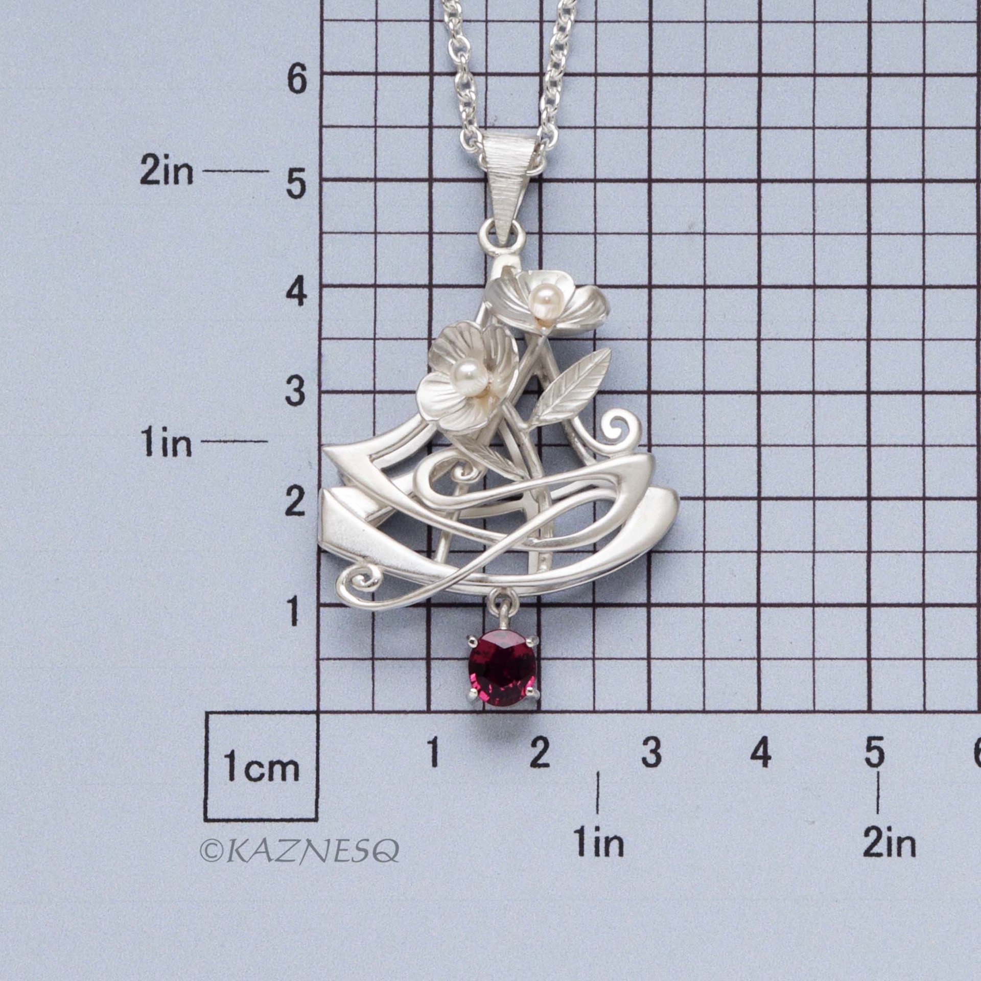 Elegant Statement! Art Nouveau-Style Matte Silver Flower Pendant with Rhodolite Garnet