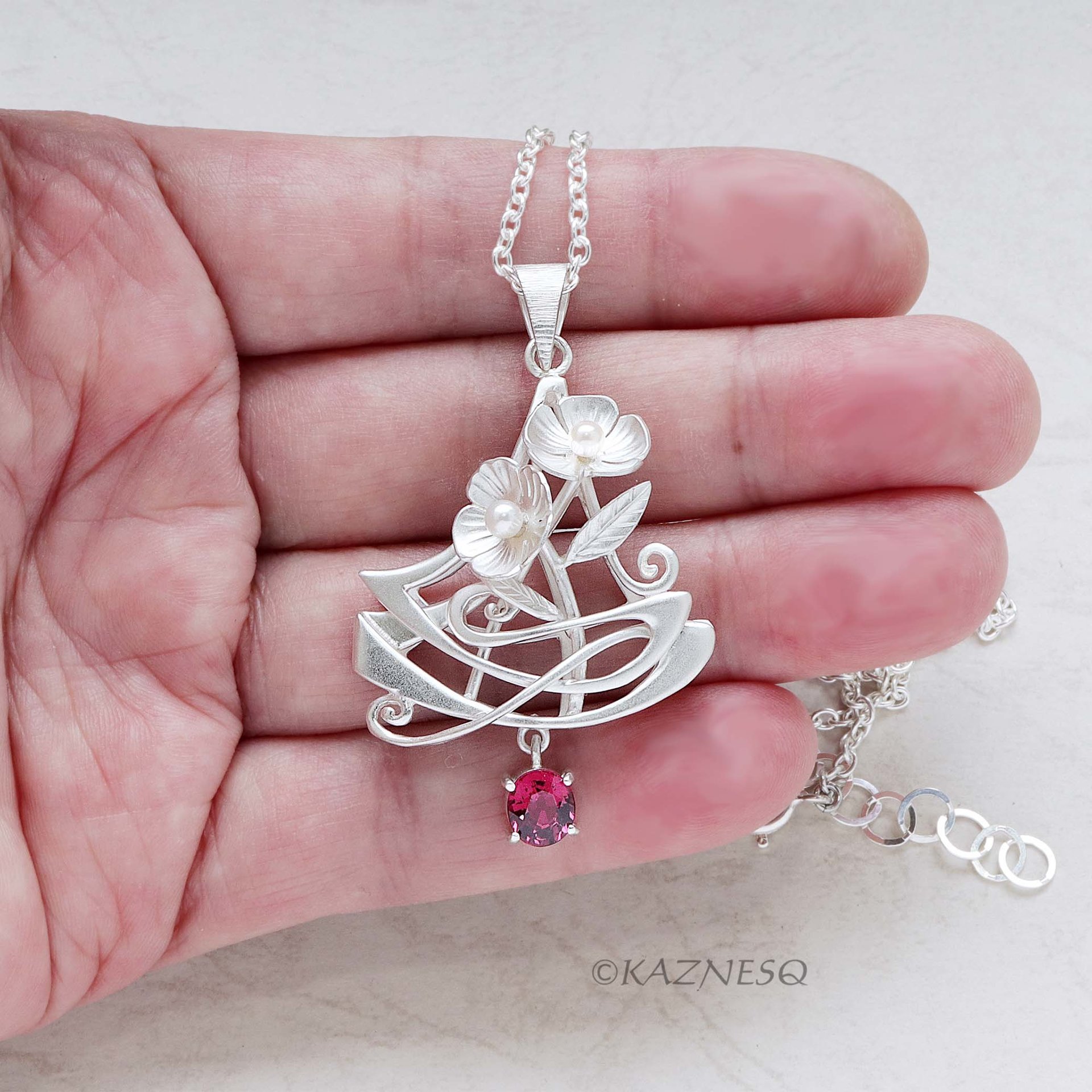 Elegant Statement! Art Nouveau-Style Matte Silver Flower Pendant with Rhodolite Garnet