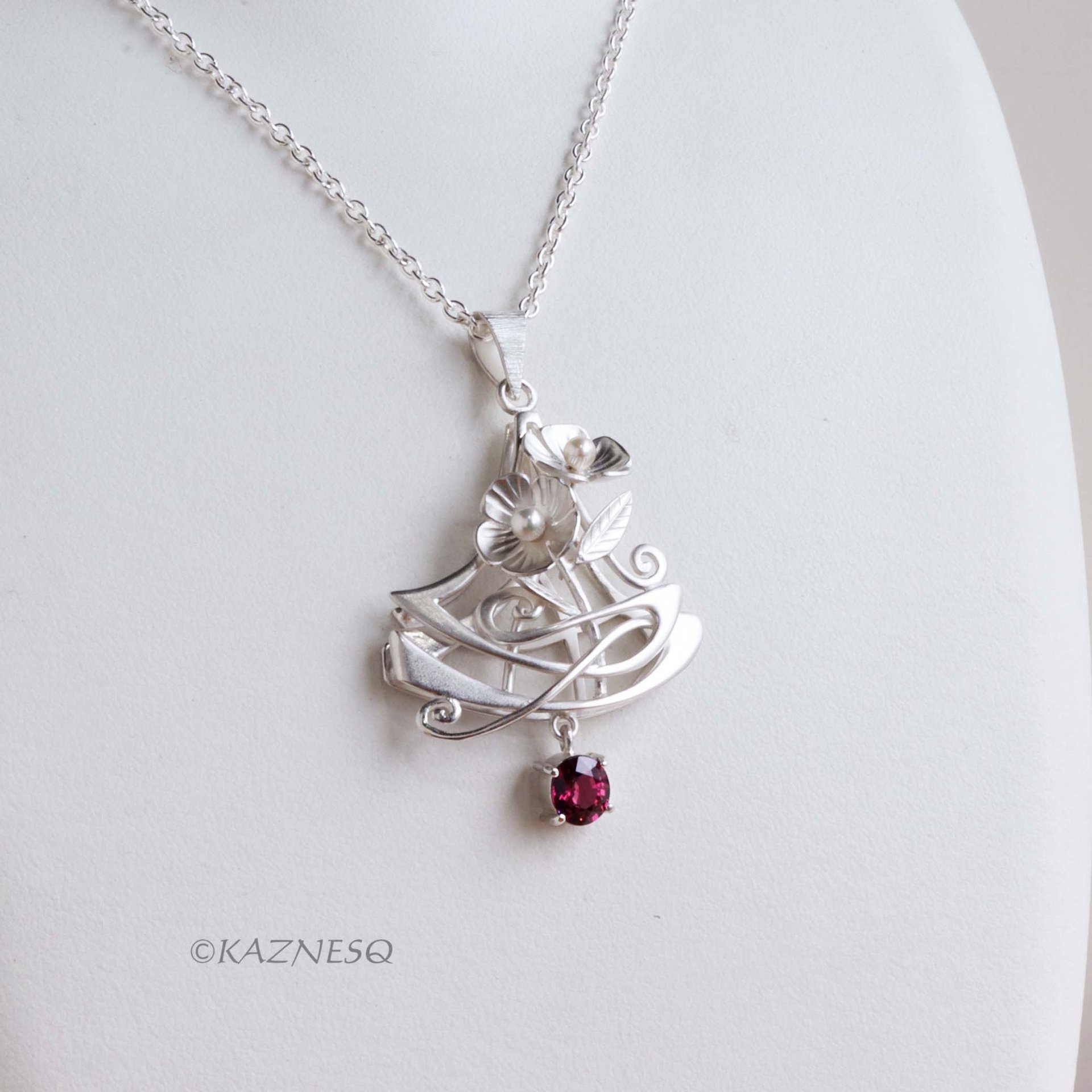 Elegant Statement! Art Nouveau-Style Matte Silver Flower Pendant with Rhodolite Garnet