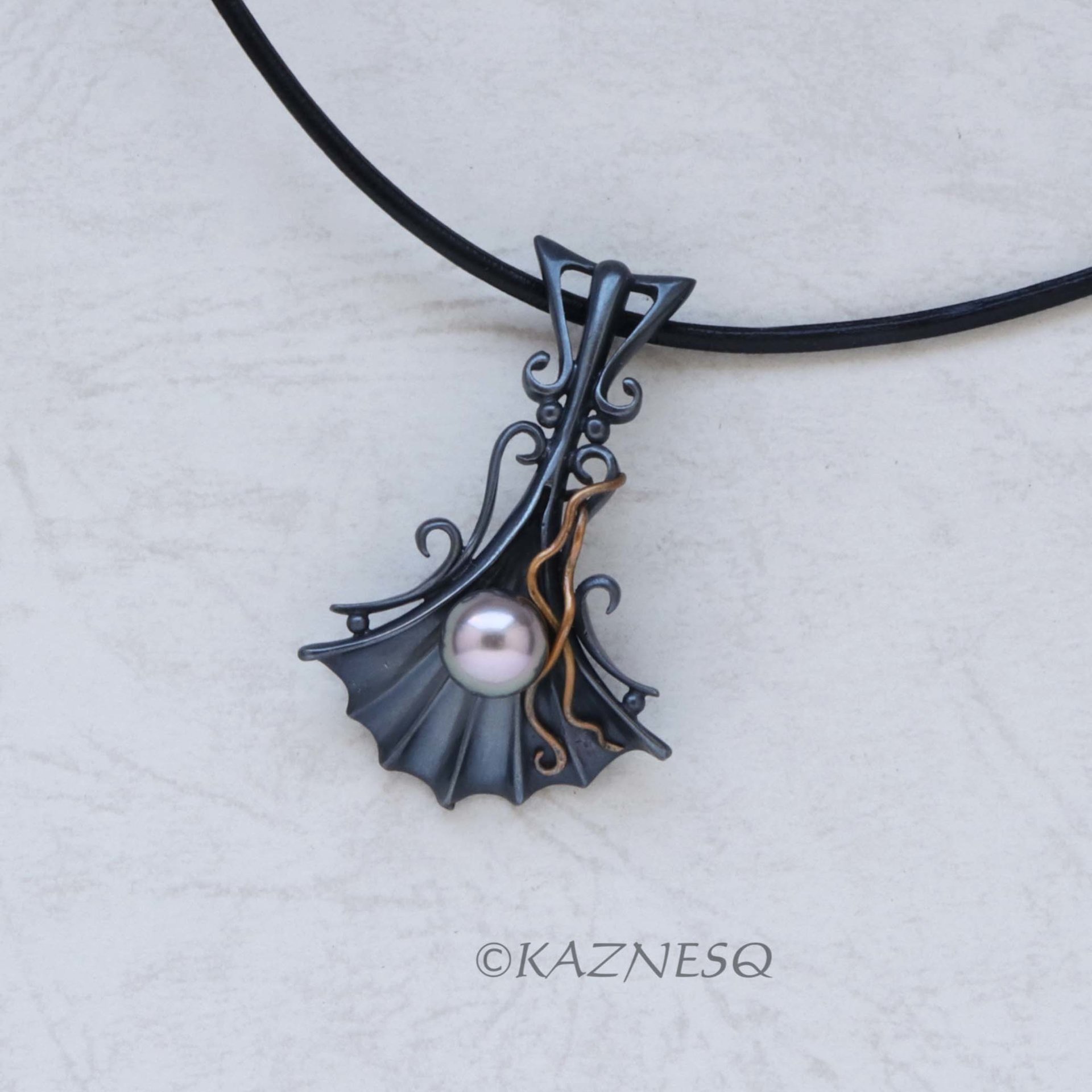 Goth style Black Oxidized Silver Pearl Pendant with Brass Vines