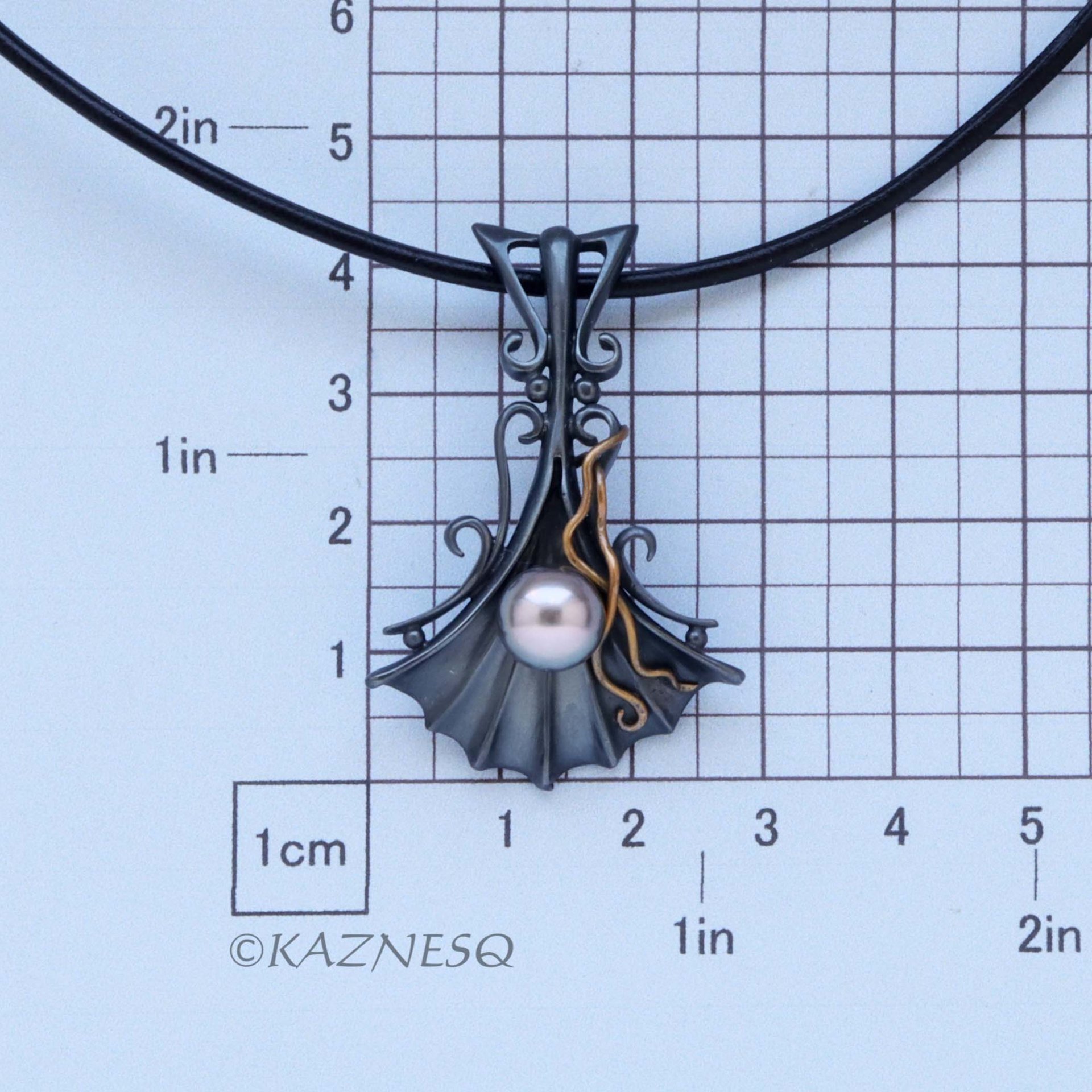 Goth style Black Oxidized Silver Pearl Pendant with Brass Vines