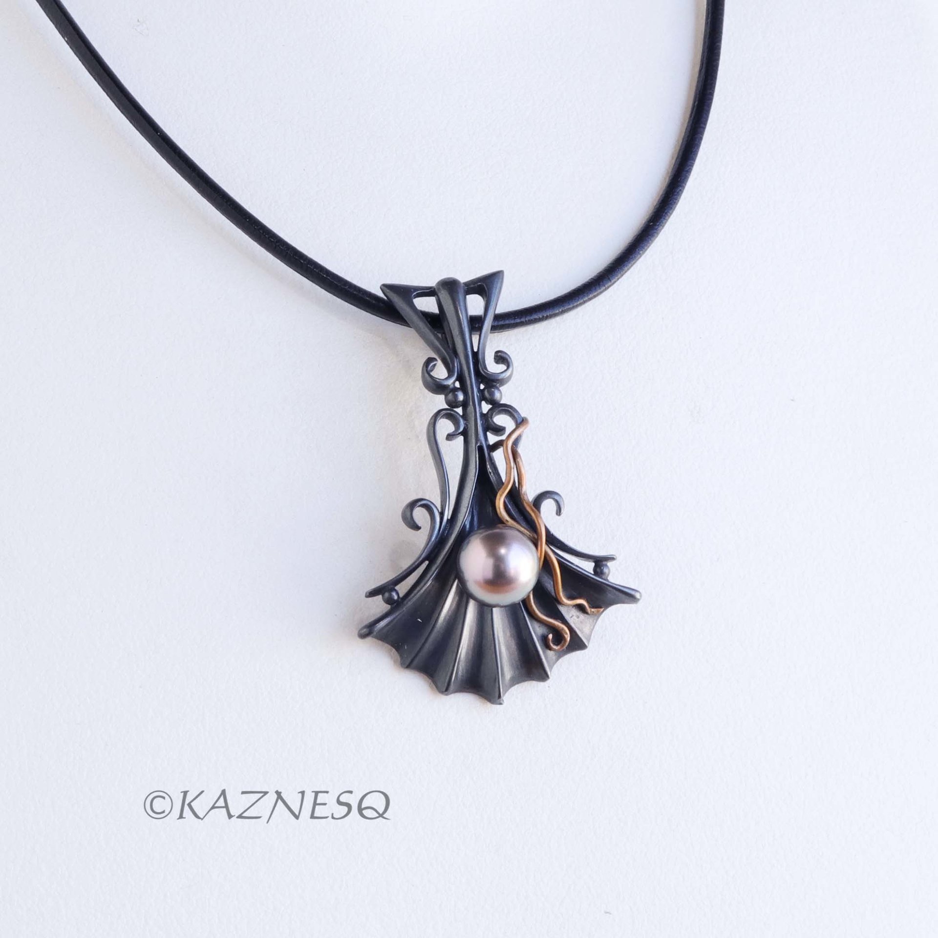 Goth style Black Oxidized Silver Pearl Pendant with Brass Vines