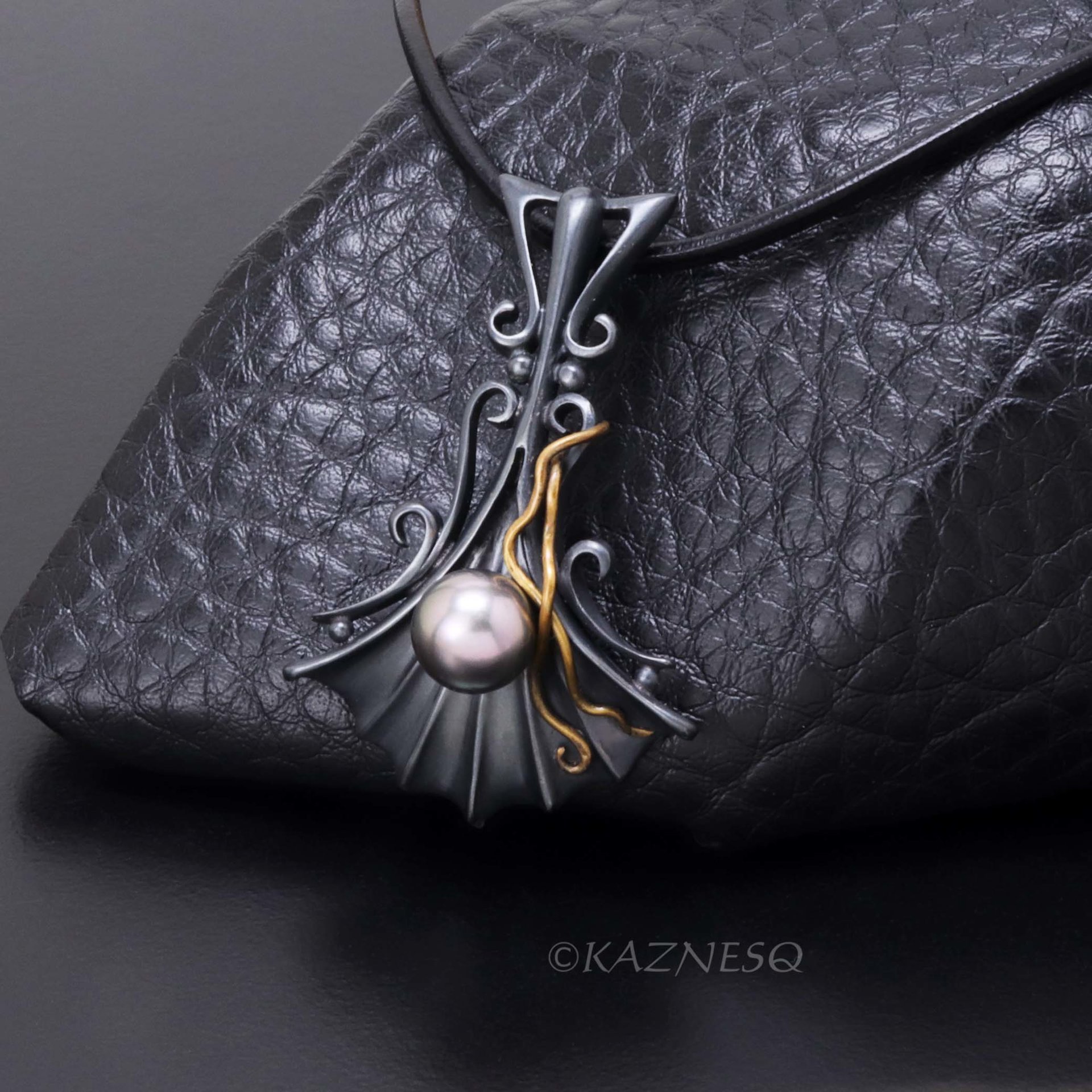 Goth style Black Oxidized Silver Pearl Pendant with Brass Vines
