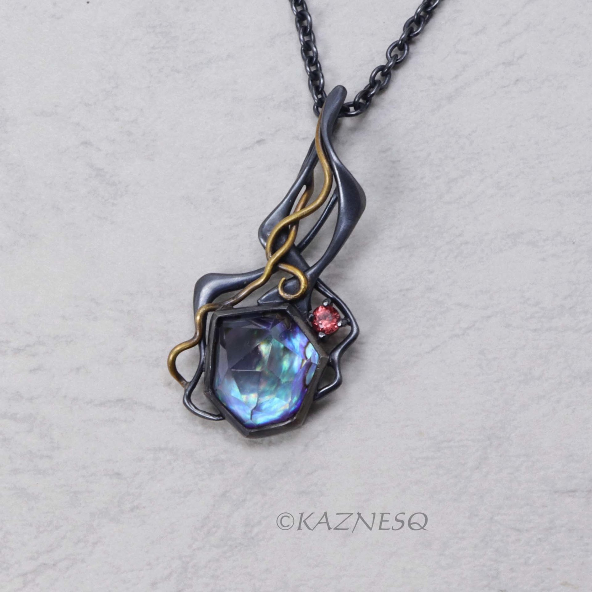 High Impact! Goth taste Silver Pendant with Rough-Cut Amethyst Backed by Paua Shell