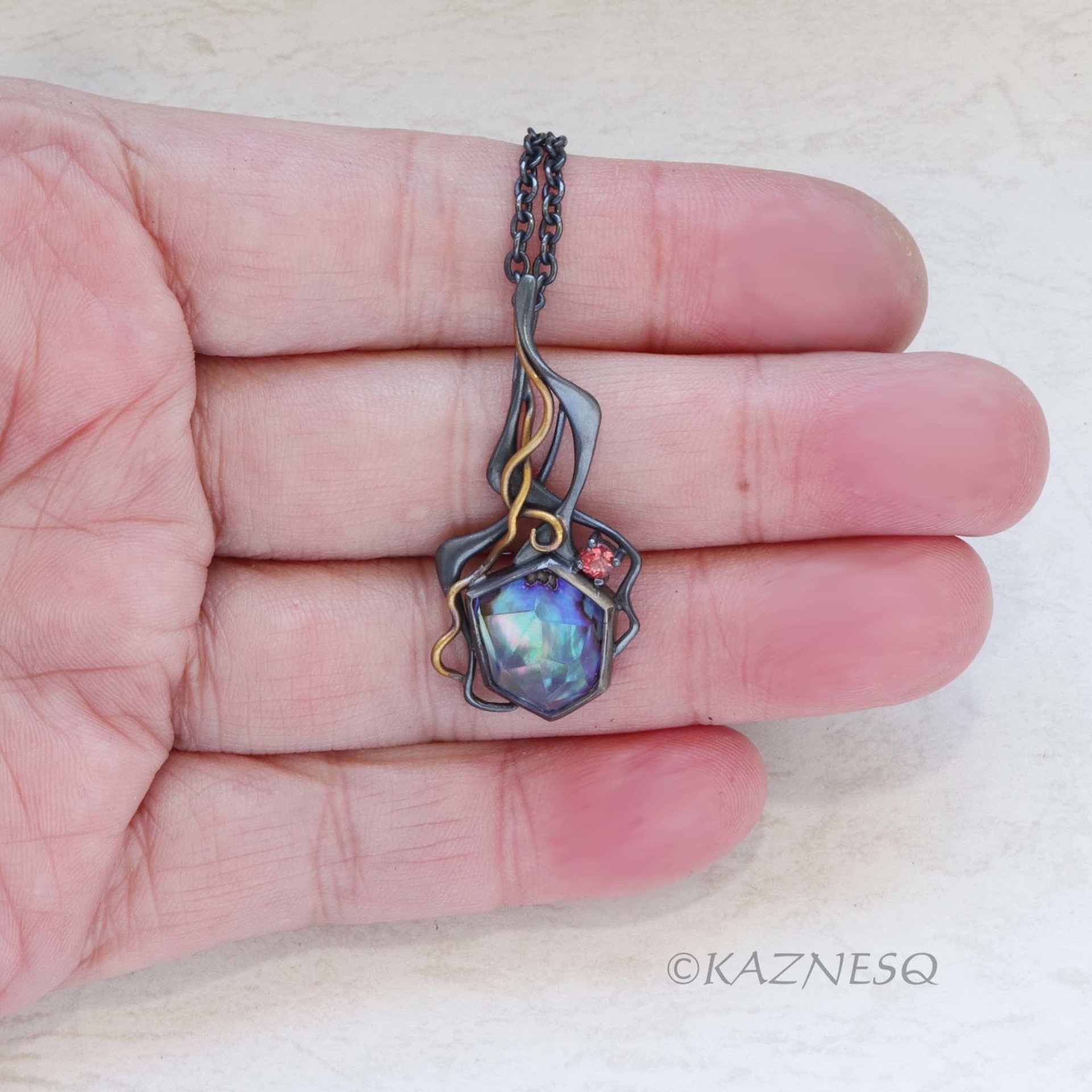High Impact! Goth taste Silver Pendant with Rough-Cut Amethyst Backed by Paua Shell