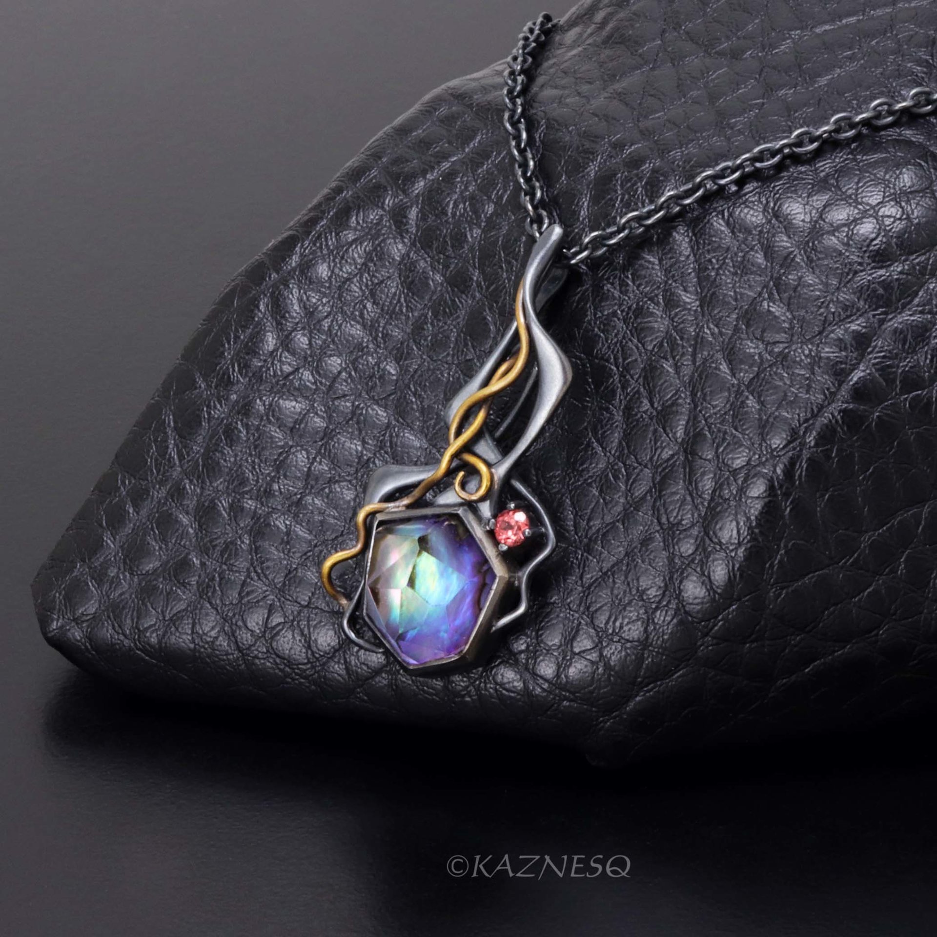 High Impact! Goth taste Silver Pendant with Rough-Cut Amethyst Backed by Paua Shell