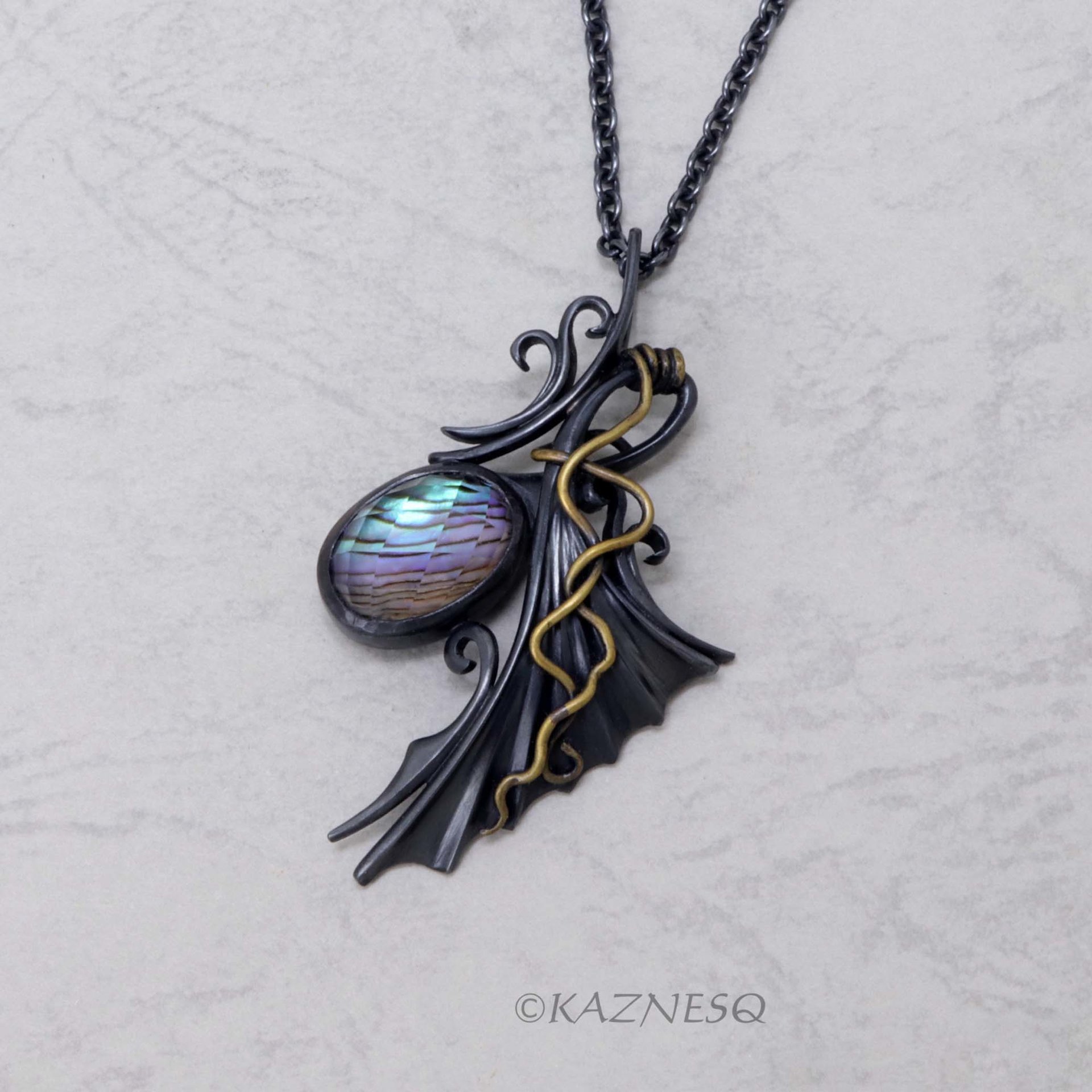 Quartz lined with Paua Shell Oxidized Silver Goth style Wing Pendant Necklace