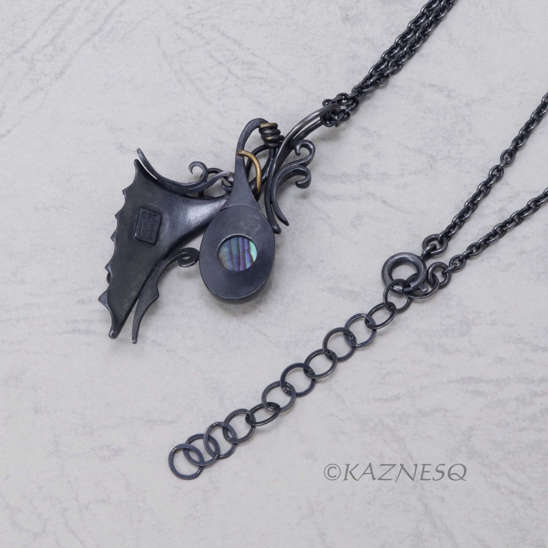 Quartz lined with Paua Shell Oxidized Silver Goth style Wing Pendant Necklace