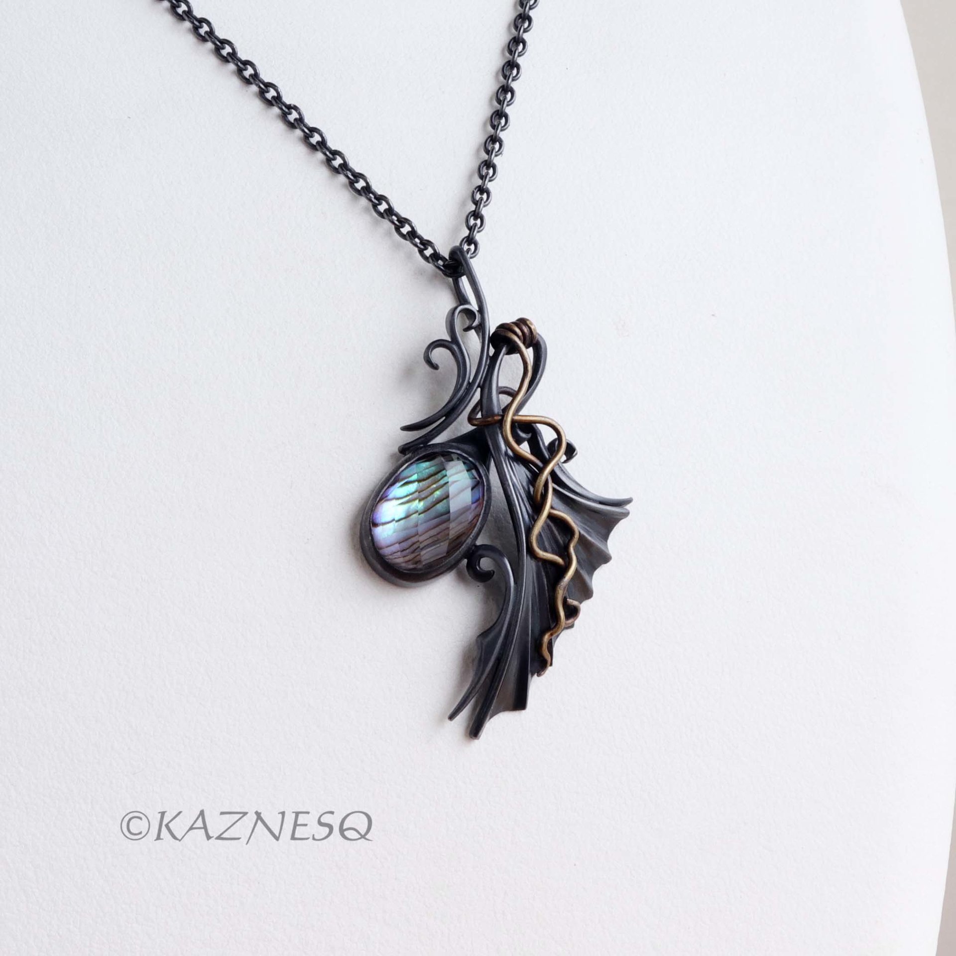 Quartz lined with Paua Shell Oxidized Silver Goth style Wing Pendant Necklace