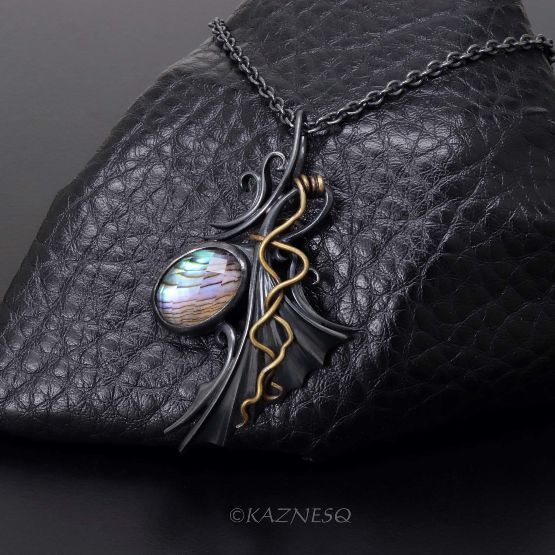 Quartz lined with Paua Shell Oxidized Silver Goth style Wing Pendant Necklace