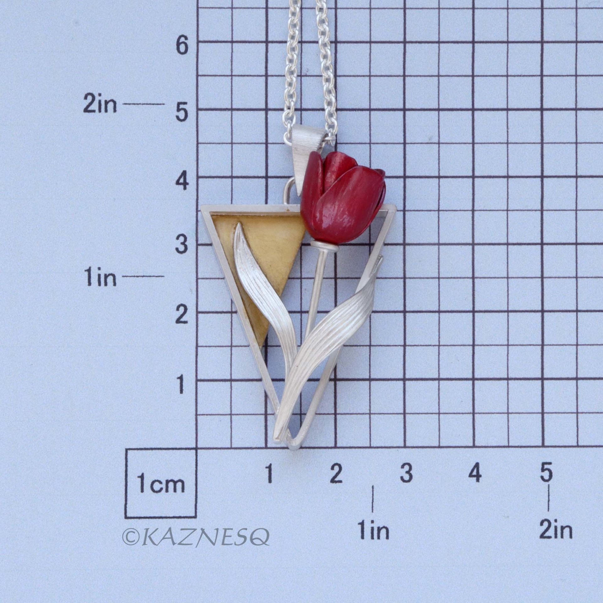 Perfect for Spring and Summer! Contemporary Silver Pendant with Red Tulip and Gold Accent