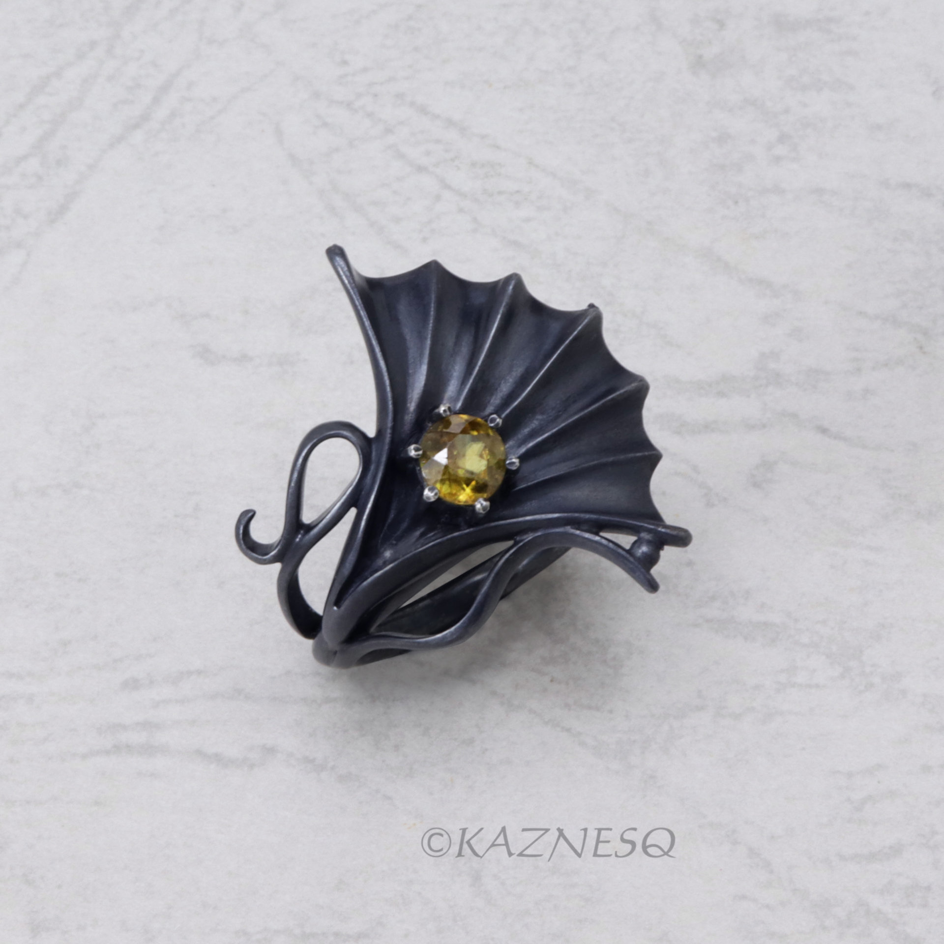 Ginkgo motif Goth style Oxidized Silver Ring with a Round Sphene