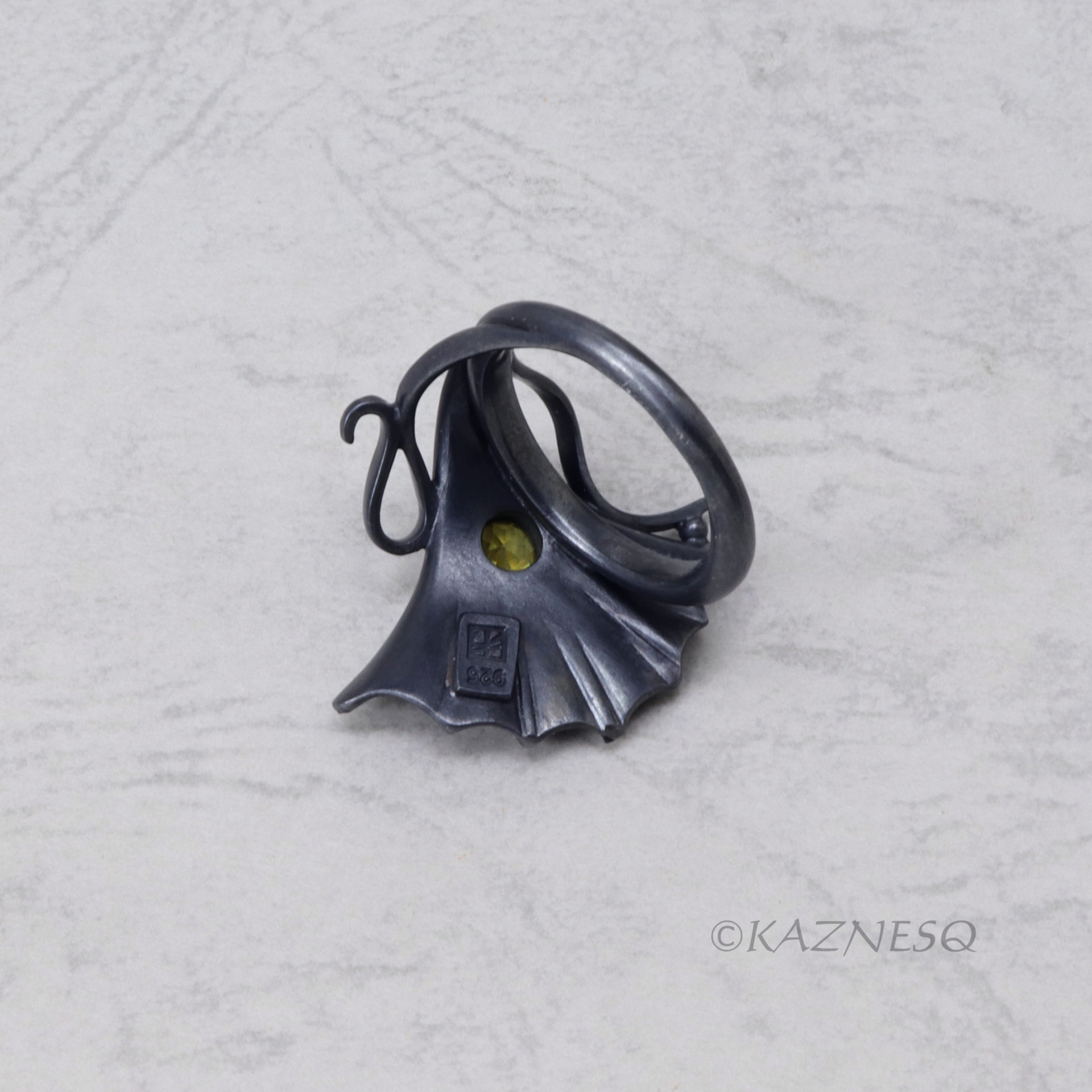 Ginkgo motif Goth style Oxidized Silver Ring with a Round Sphene