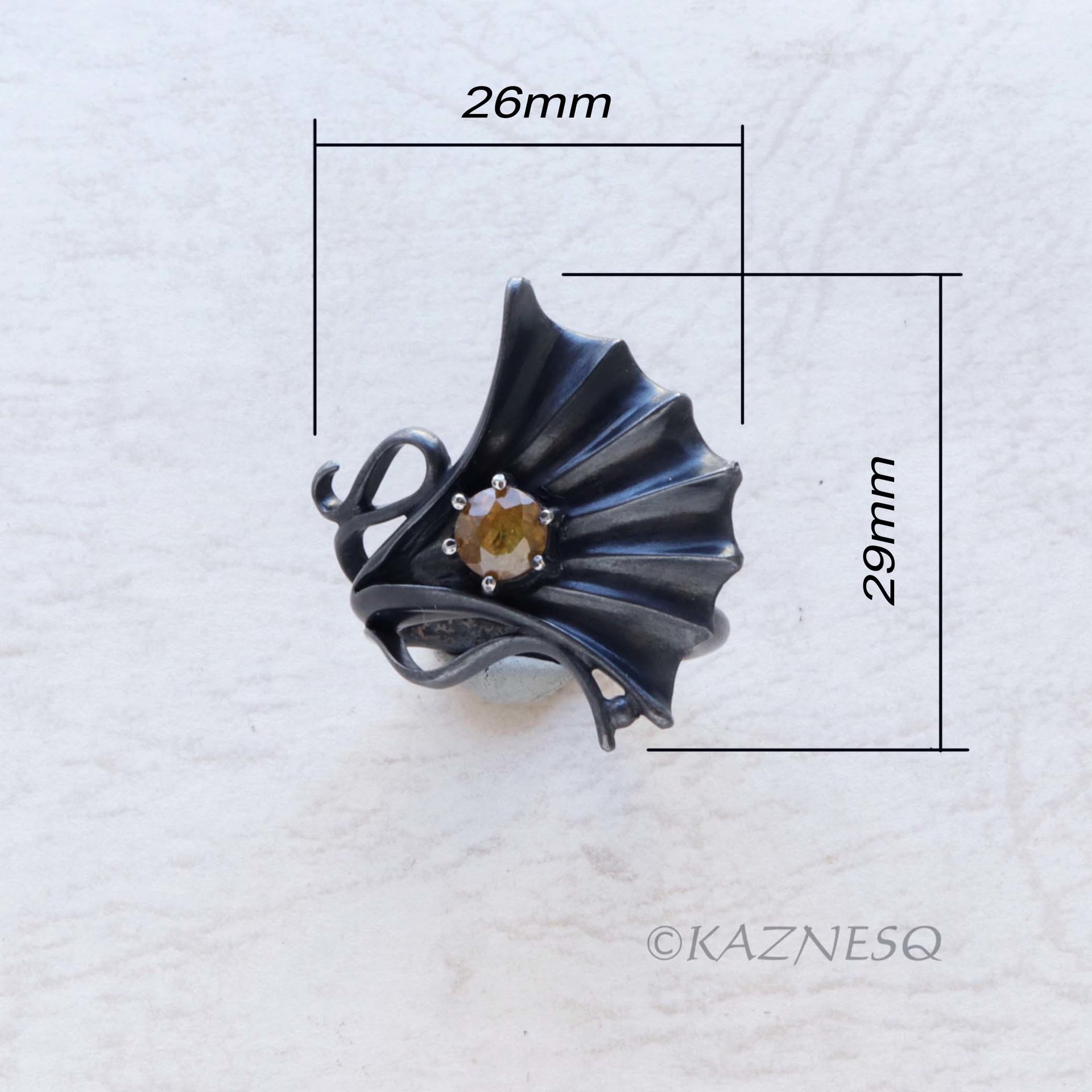 Ginkgo motif Goth style Oxidized Silver Ring with a Round Sphene