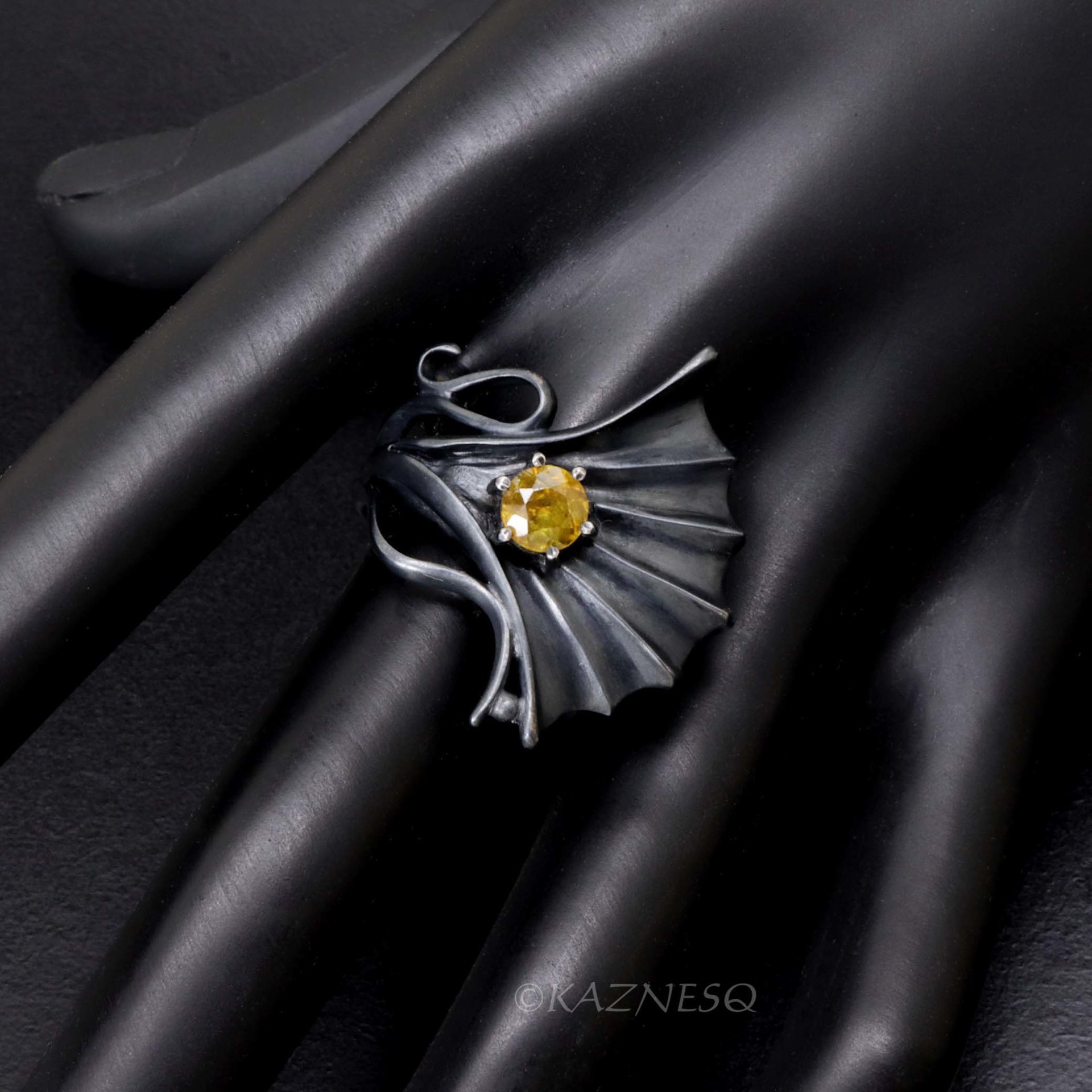 Ginkgo motif Goth style Oxidized Silver Ring with a Round Sphene