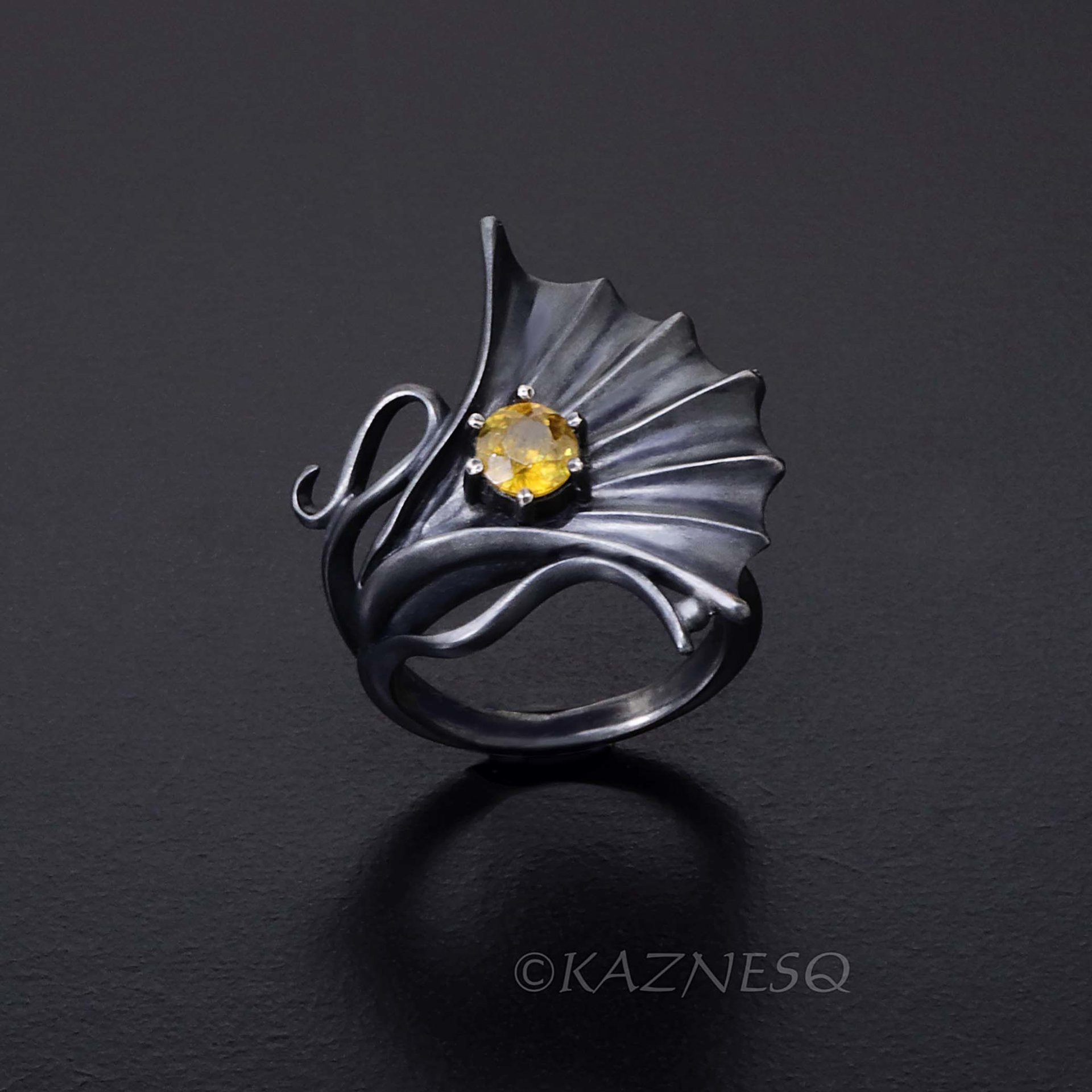 Ginkgo motif Goth style Oxidized Silver Ring with a Round Sphene