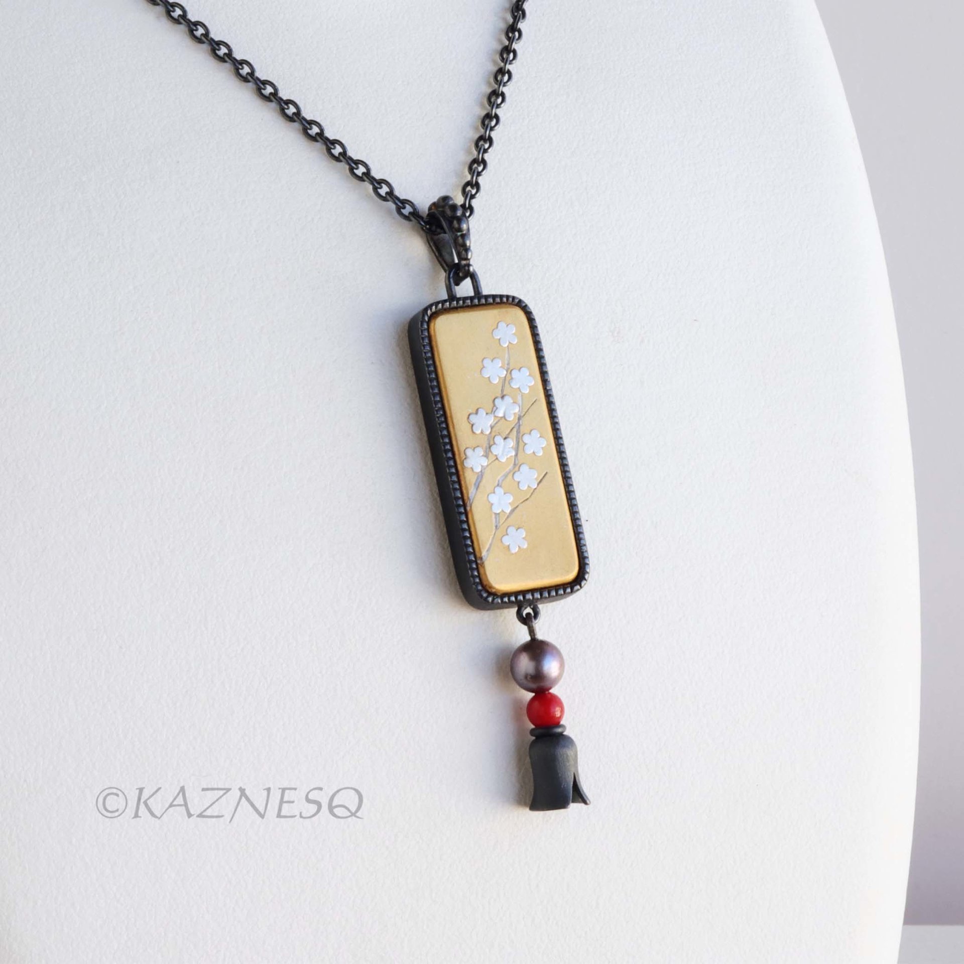 Japanese-Inro-Inspired Black & Gold Pendant with Keum Boo Plum Blossom Design