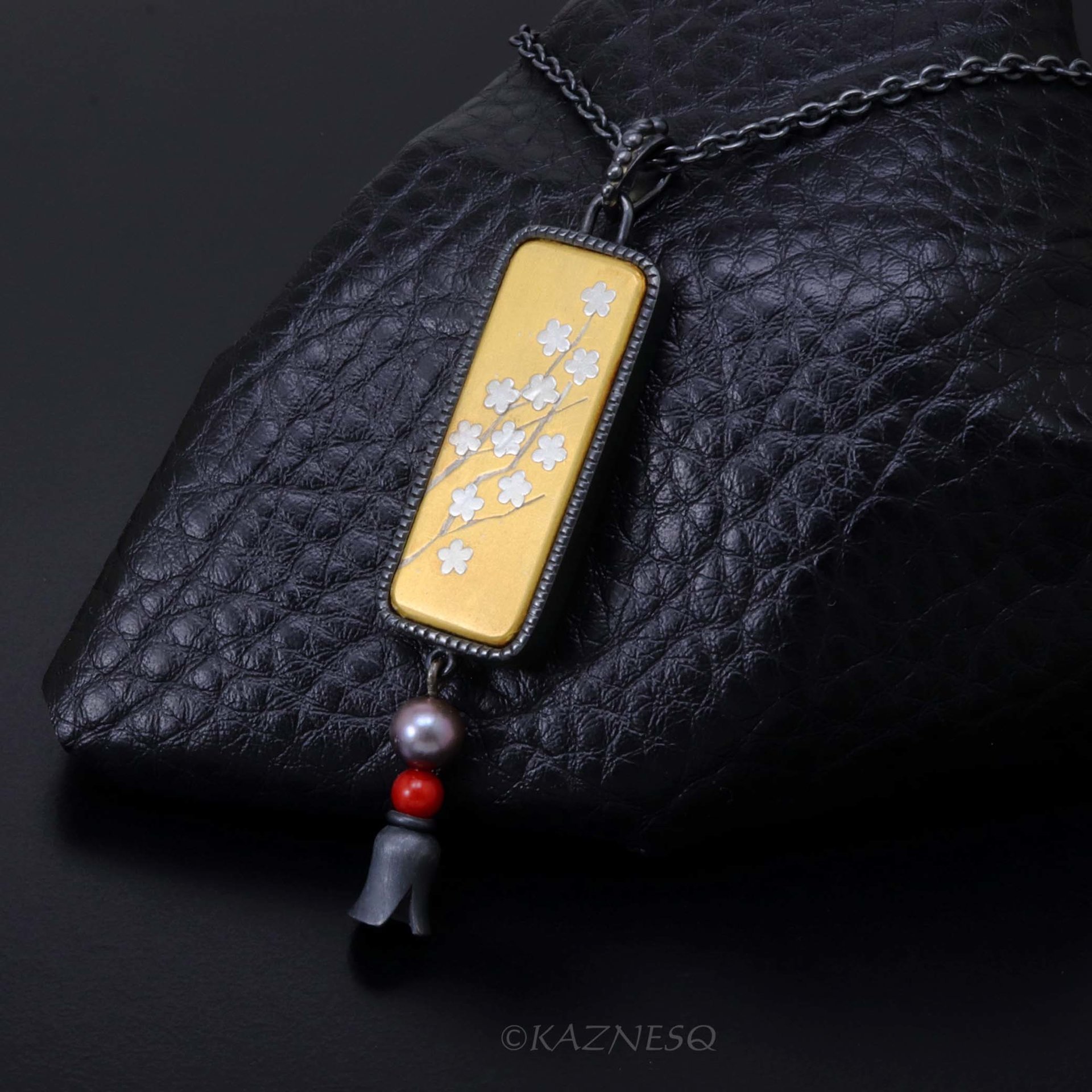 Japanese-Inro-Inspired Black & Gold Pendant with Keum Boo Plum Blossom Design