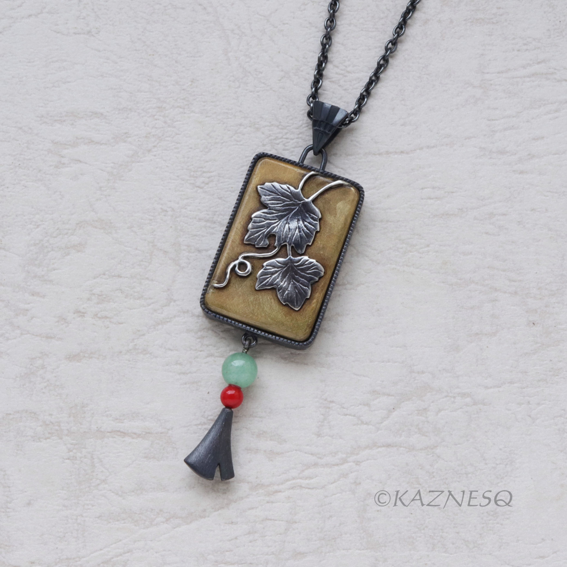 Wabi-Sabi Leaf Pendant: Oxidized Silver and toned brass by Japanese Iroage Patina